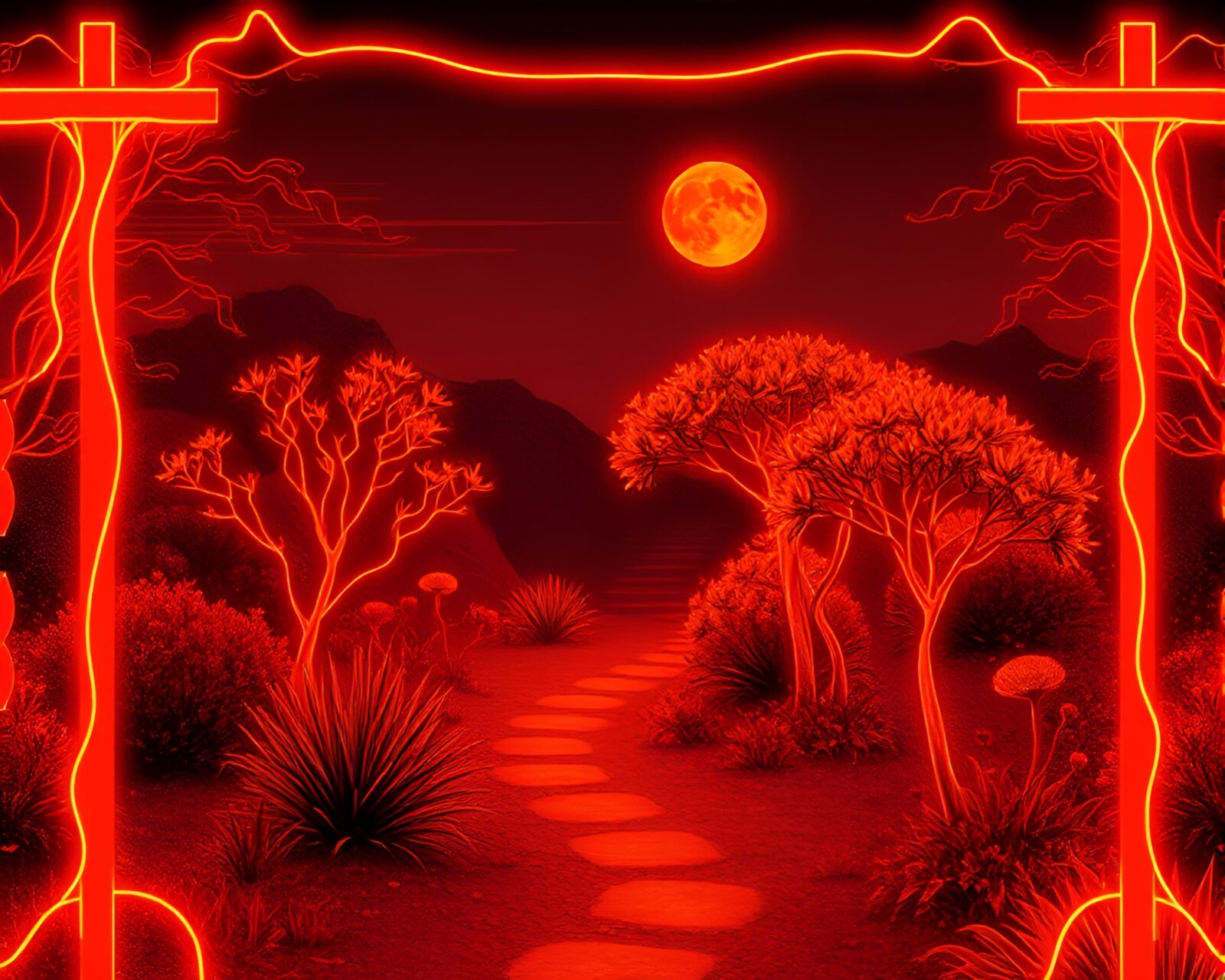 Neon wireframe landscape of a serene Zen garden
