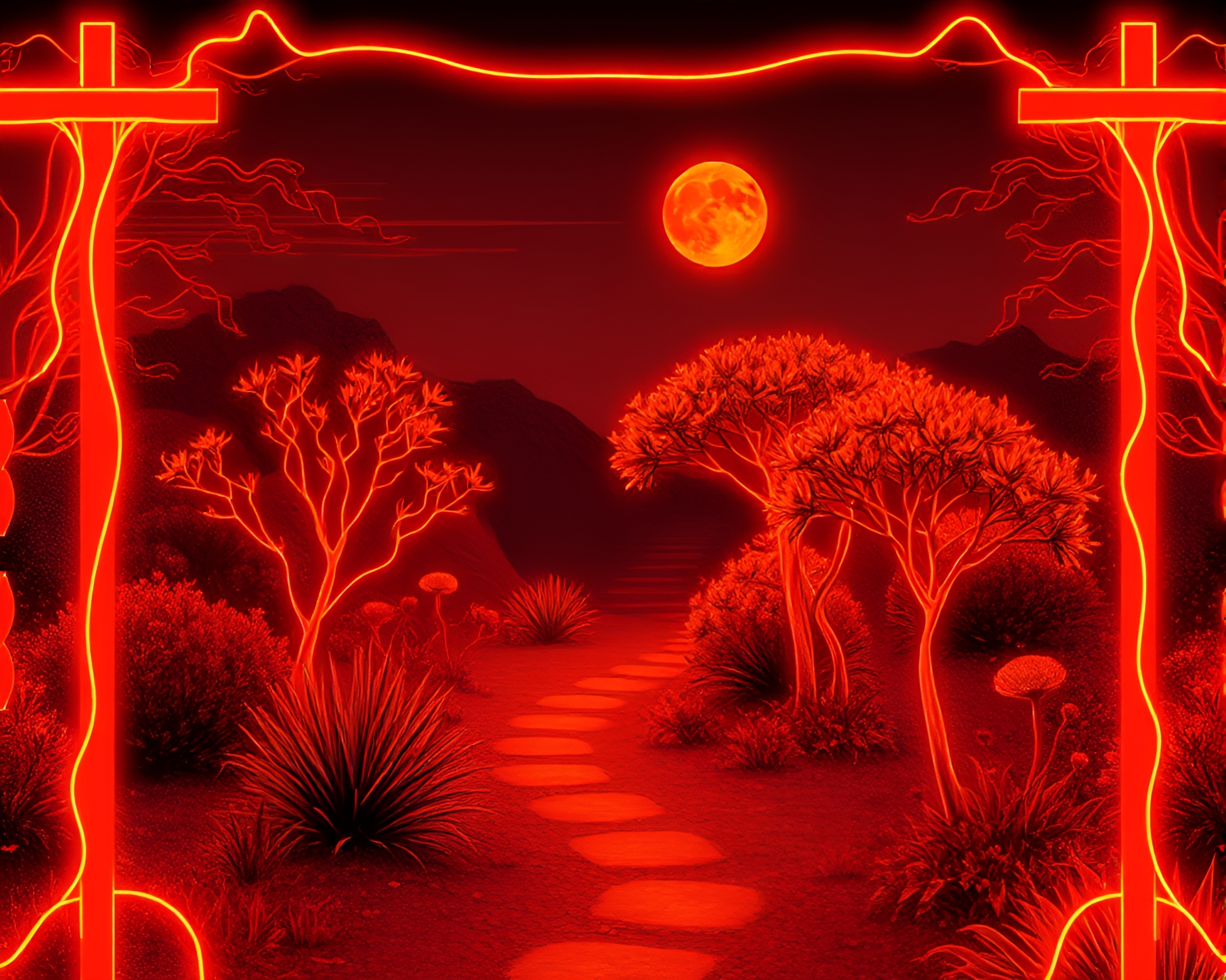Neon Wireframe Zen Garden Etching – free AI stock image