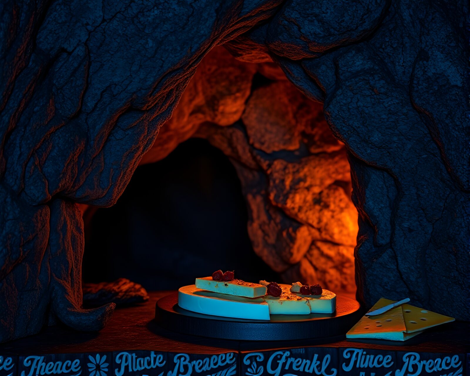 Artistic depiction of a cheese platter in a dark cave with blue hour lighting