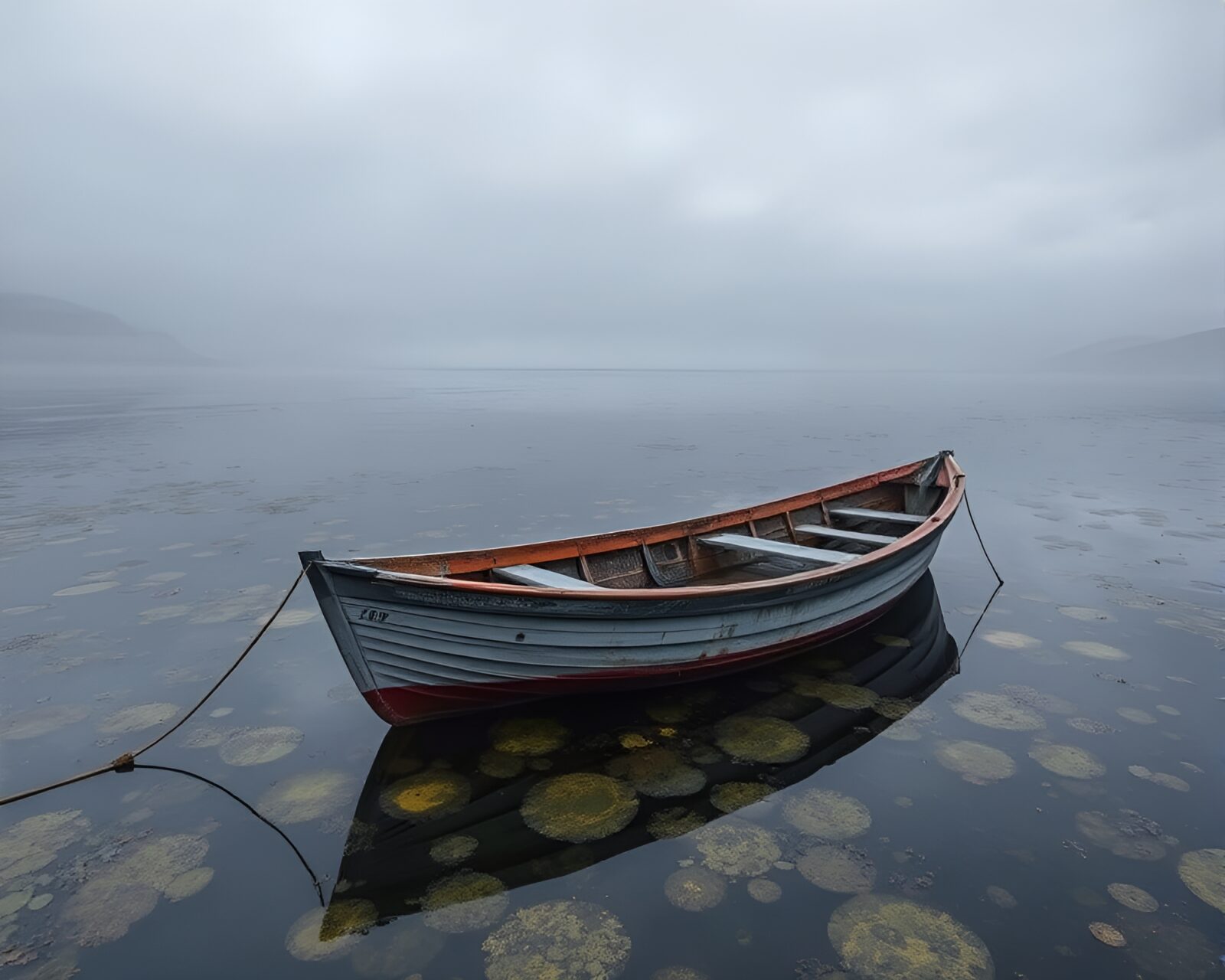 Mildew-covered hydrofoil boat in warm off-white light
