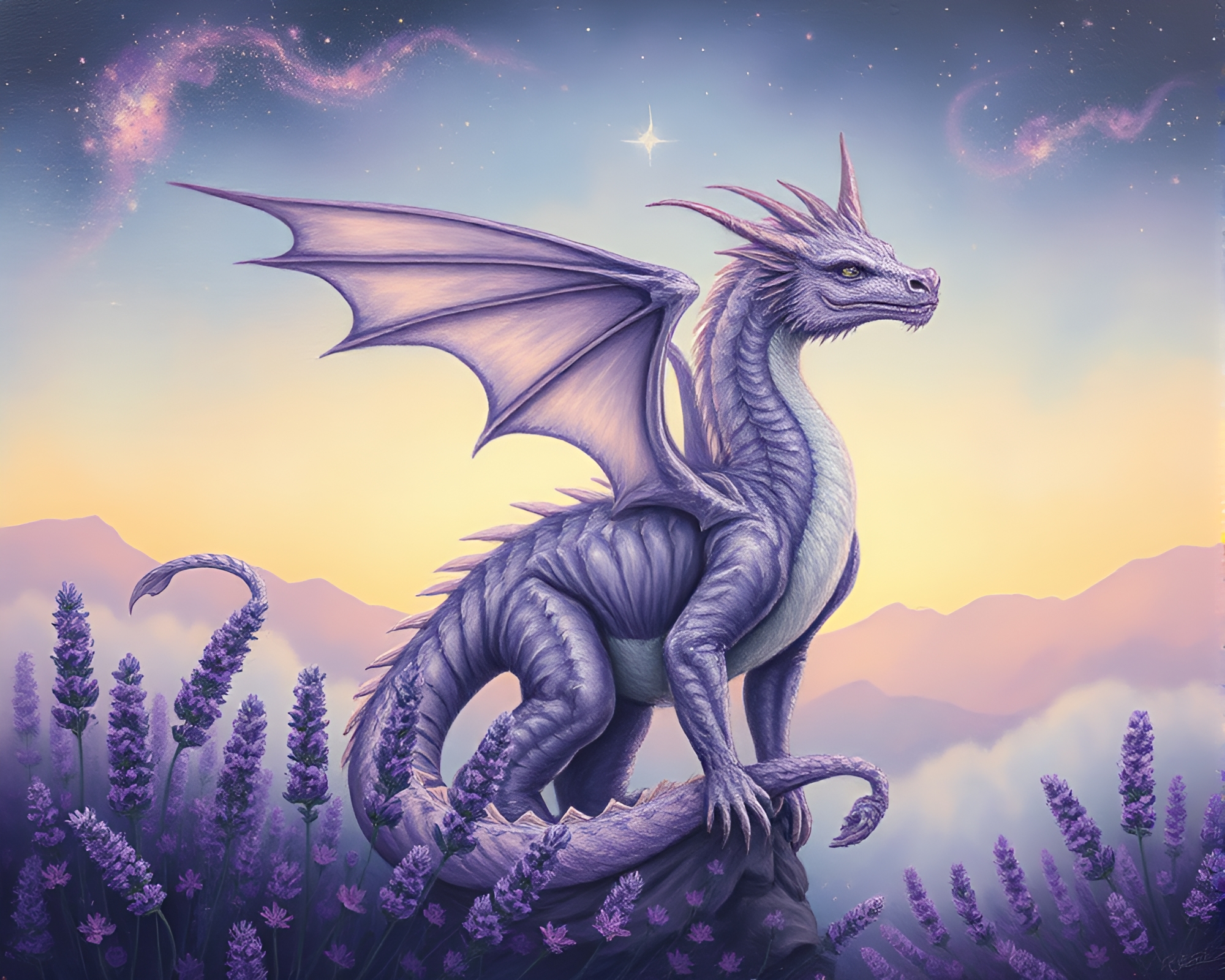 Galactic Dragon Bathed in Lavender Twilight – free AI stock image