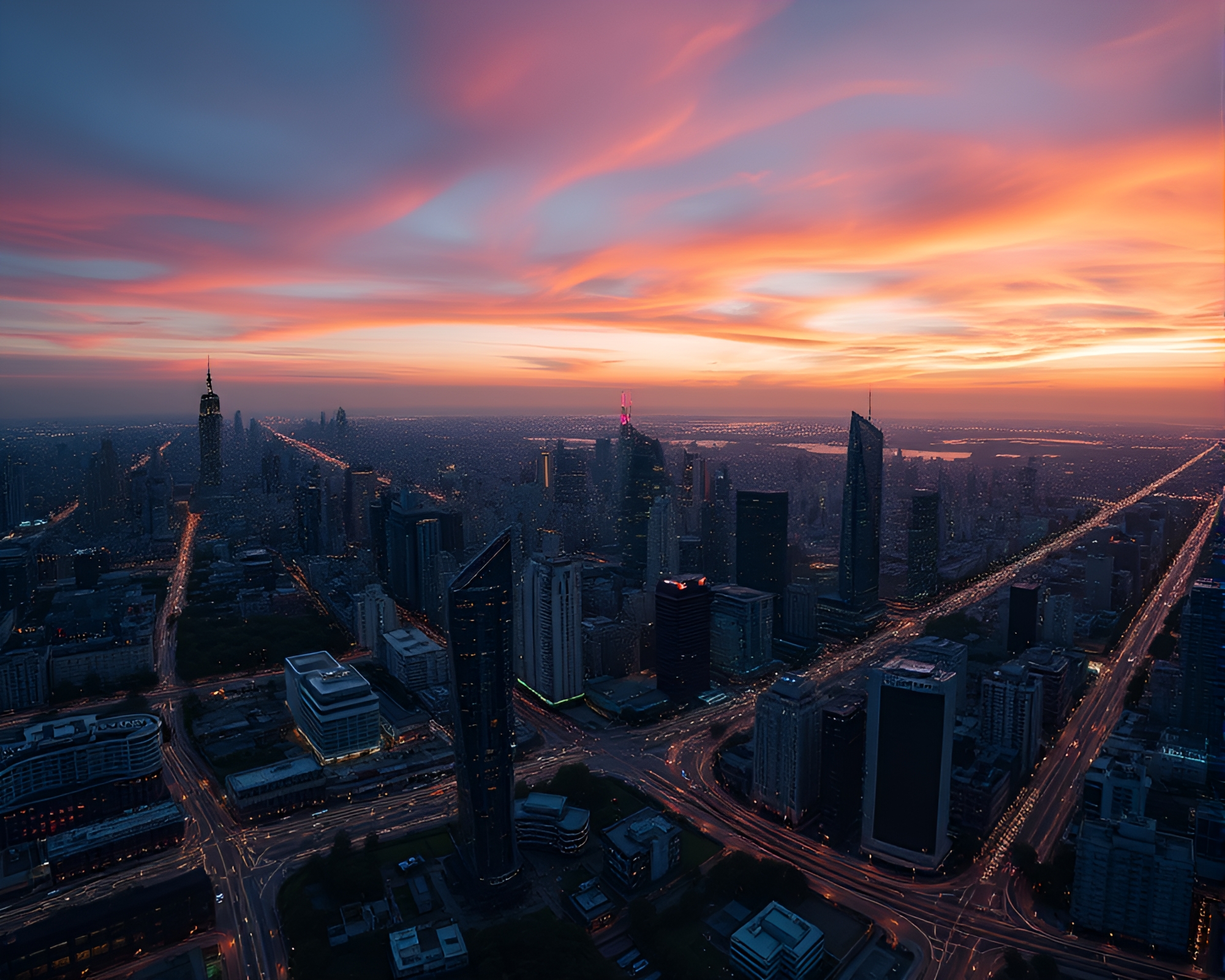 Nanobot Swarm Over Cityscape at Sunset – free AI stock image
