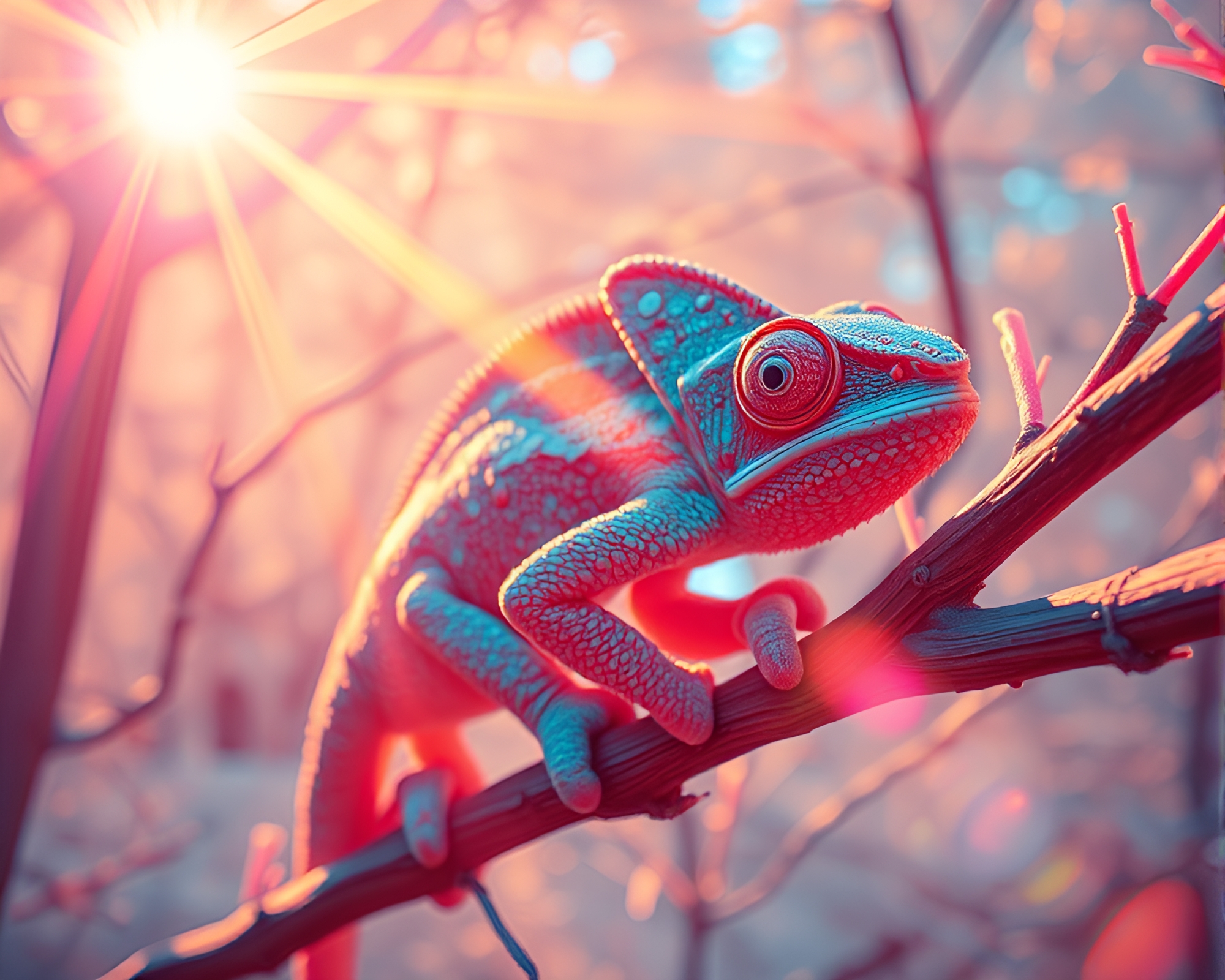 Curious Chameleon Basking in Infrared Lens Flare – free AI stock image