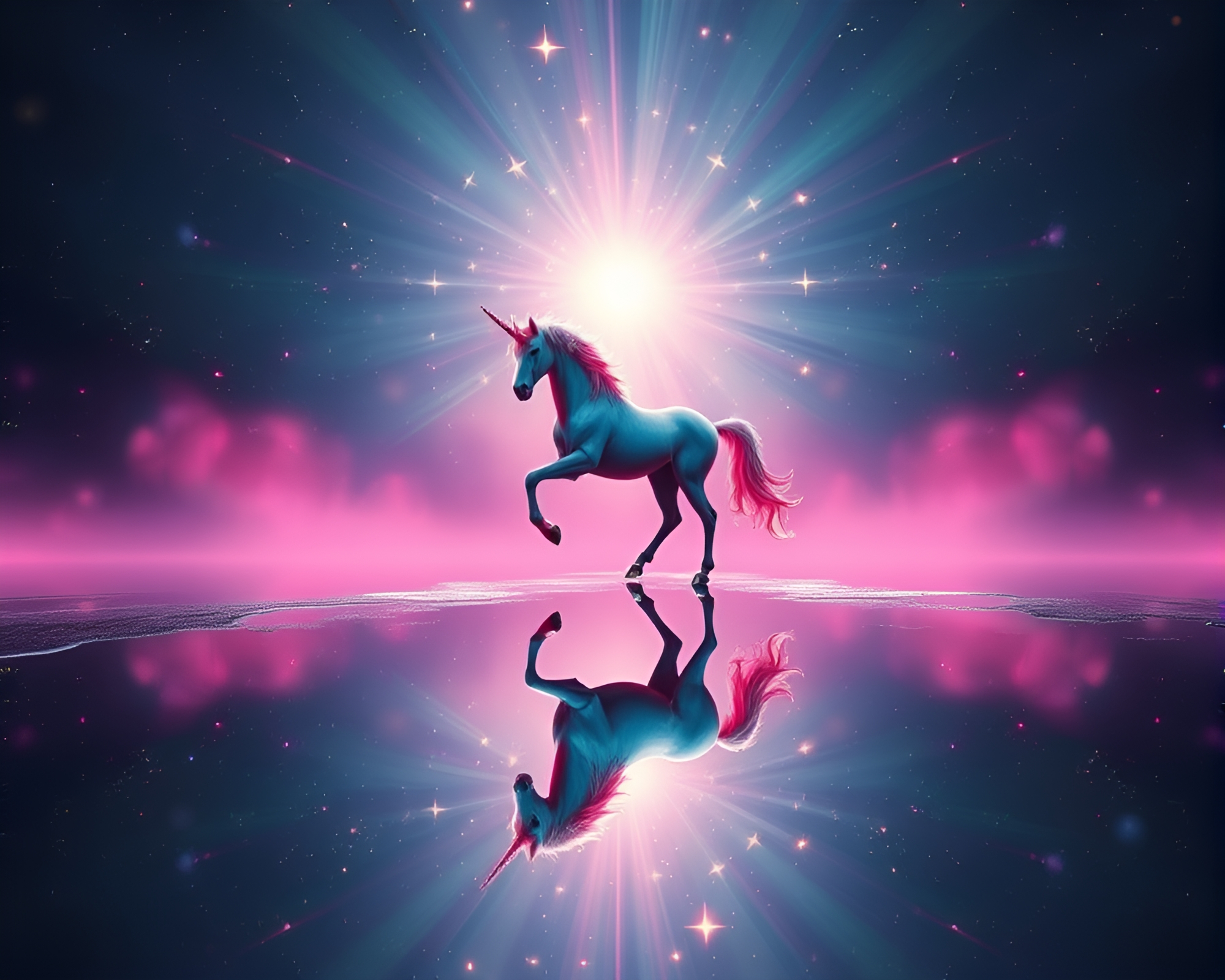 Unicorn Reflection in Starburst Puddle – free AI stock image