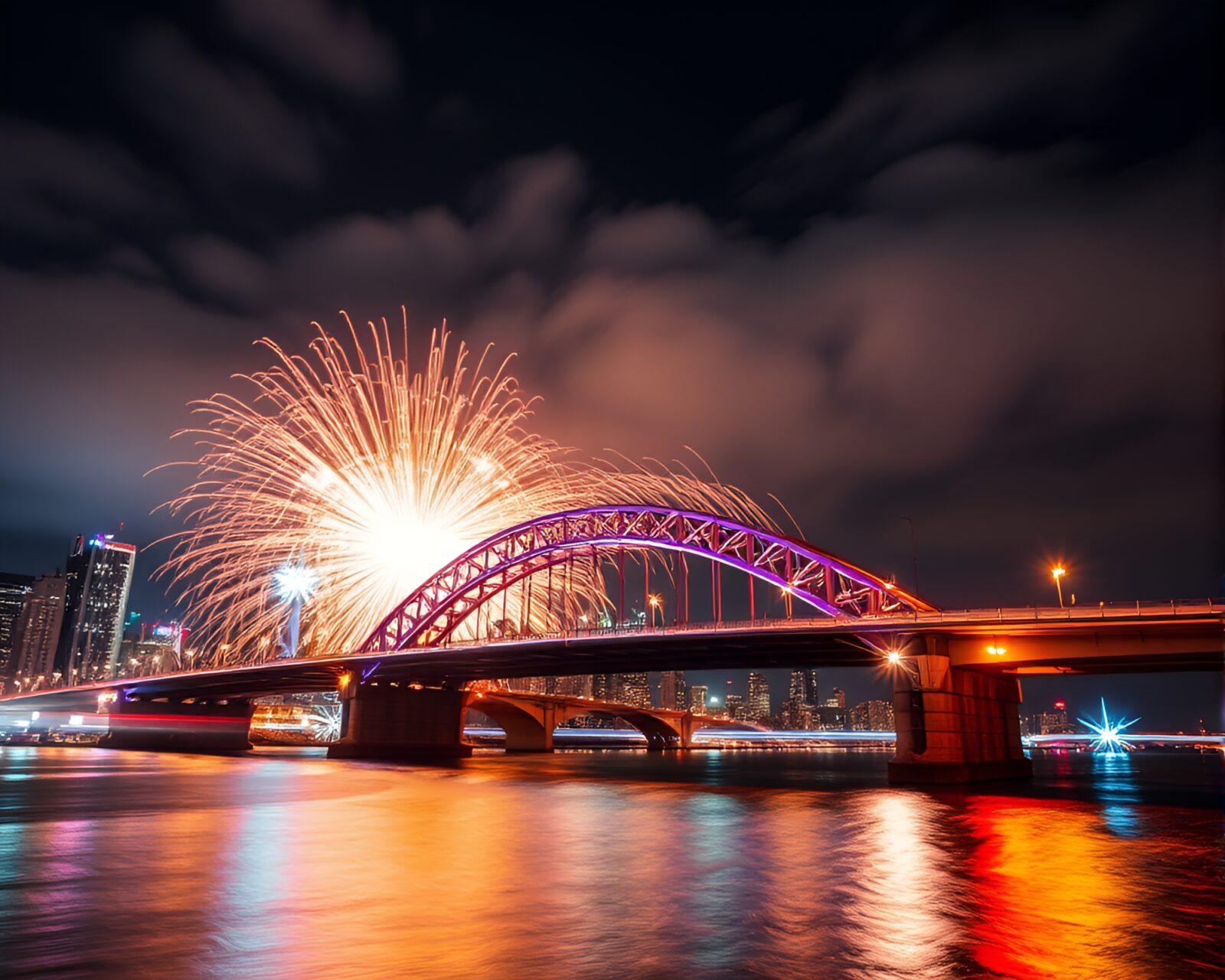 Vibrant double exposure image of arch bridge amidst explosion