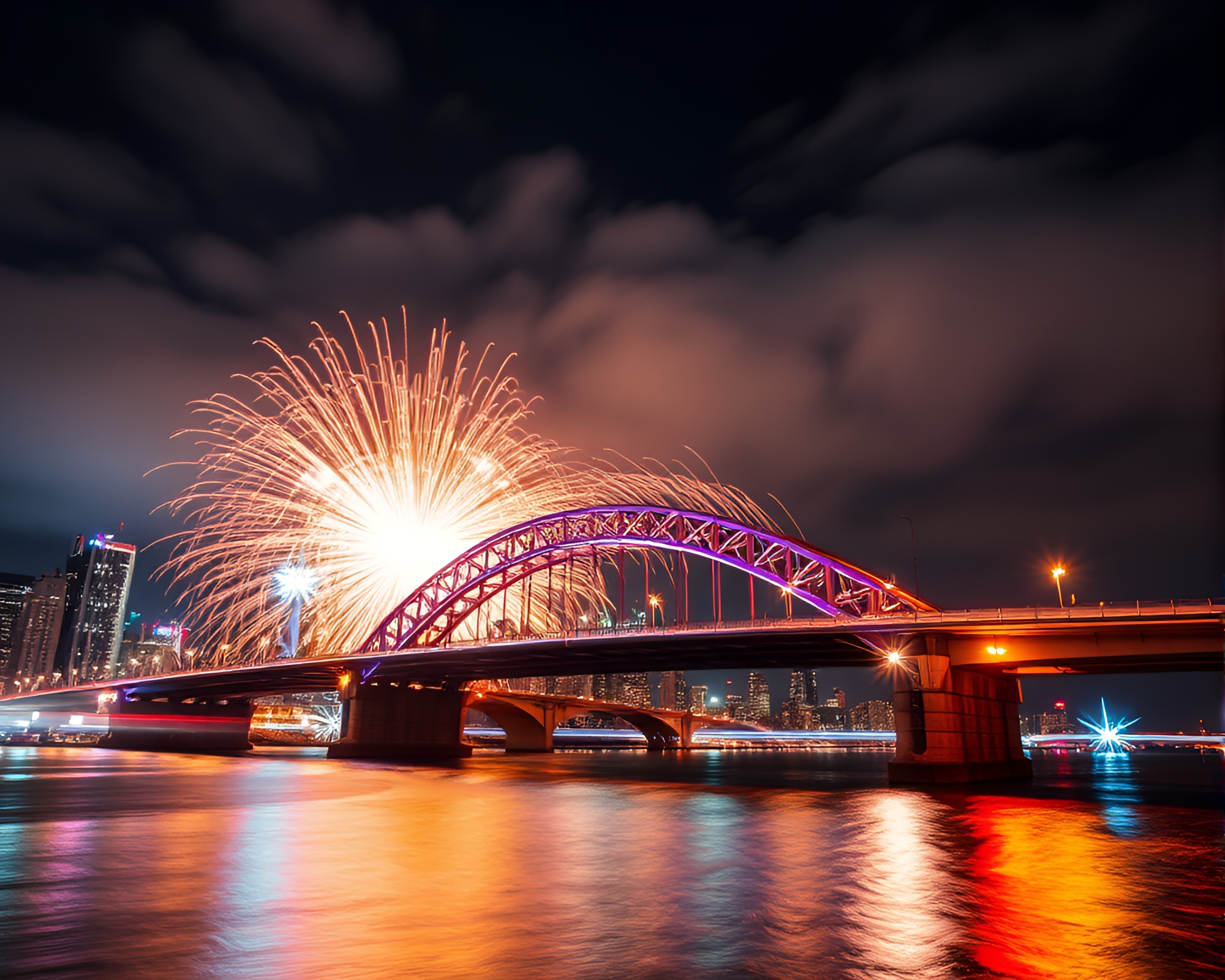 Neon City Arch Bridge Explosion Double Exposure – free AI stock image