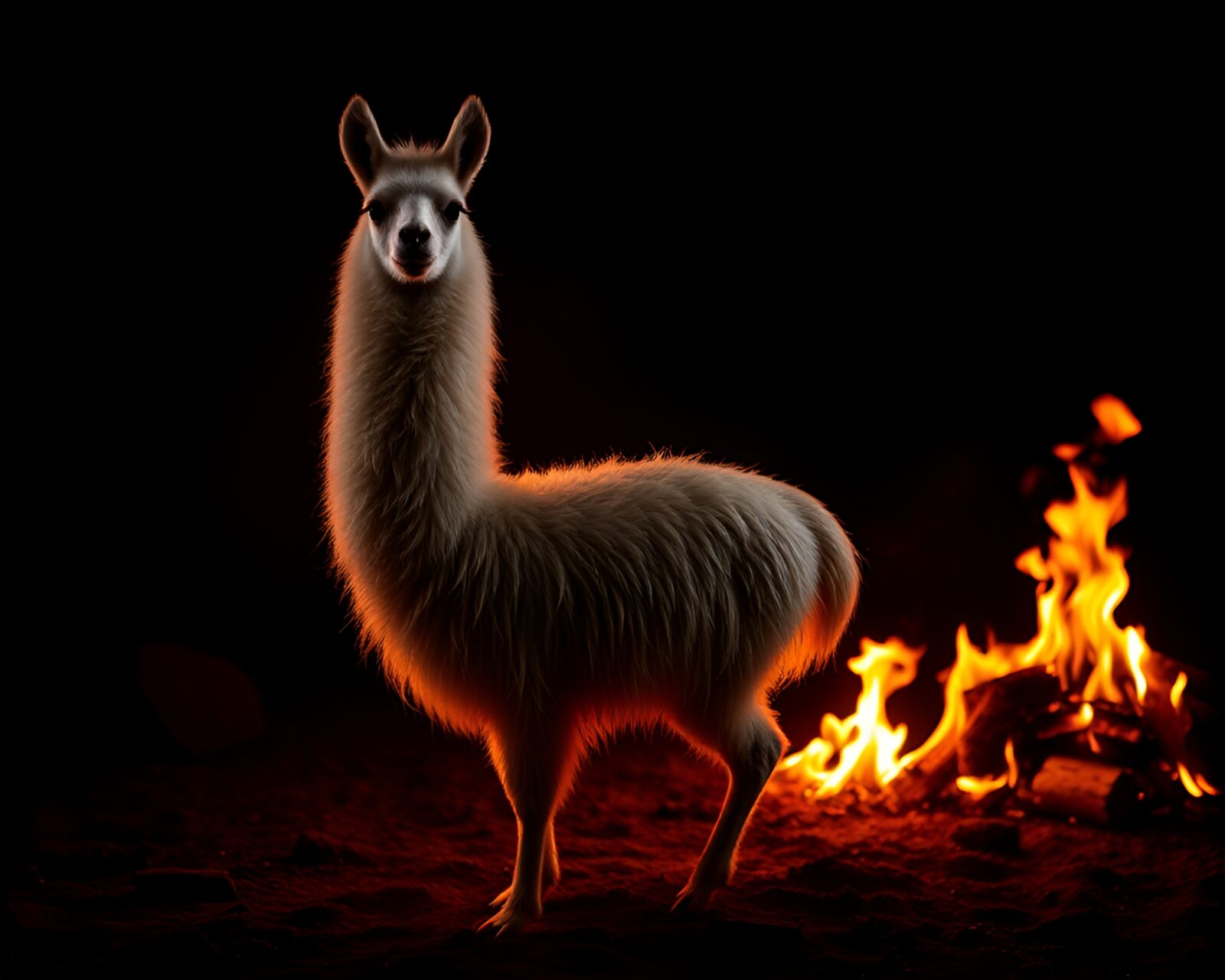 Fibonacci spiral llama bathed in softbox fireplace light