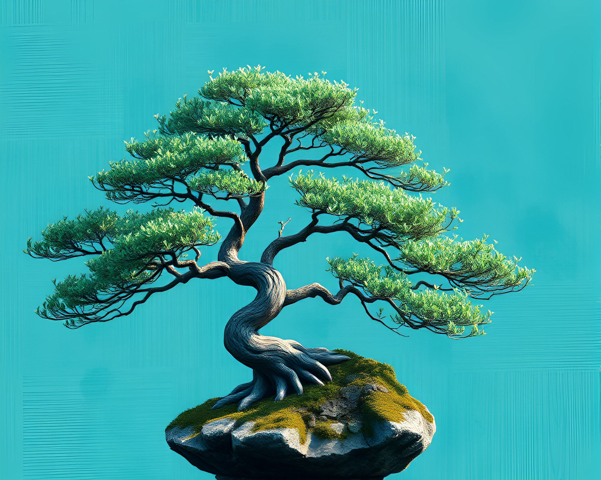 Teal Serenity: Bonsai Zoom Burst Exploration – free AI stock image