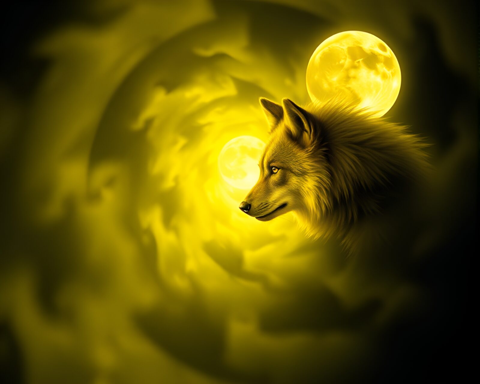 Majestic wolf in moonlight within Fibonacci spiral silhouette