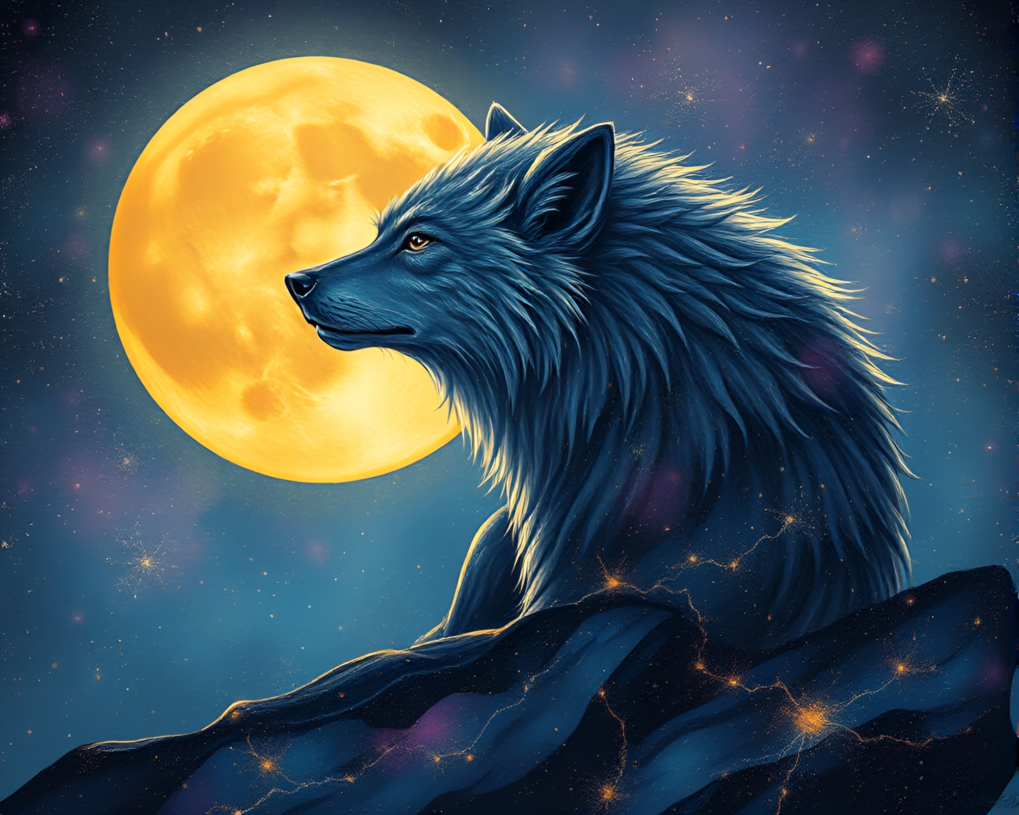 Moonlit Wolf in Dewdrop Cosmic Dust – free AI stock image