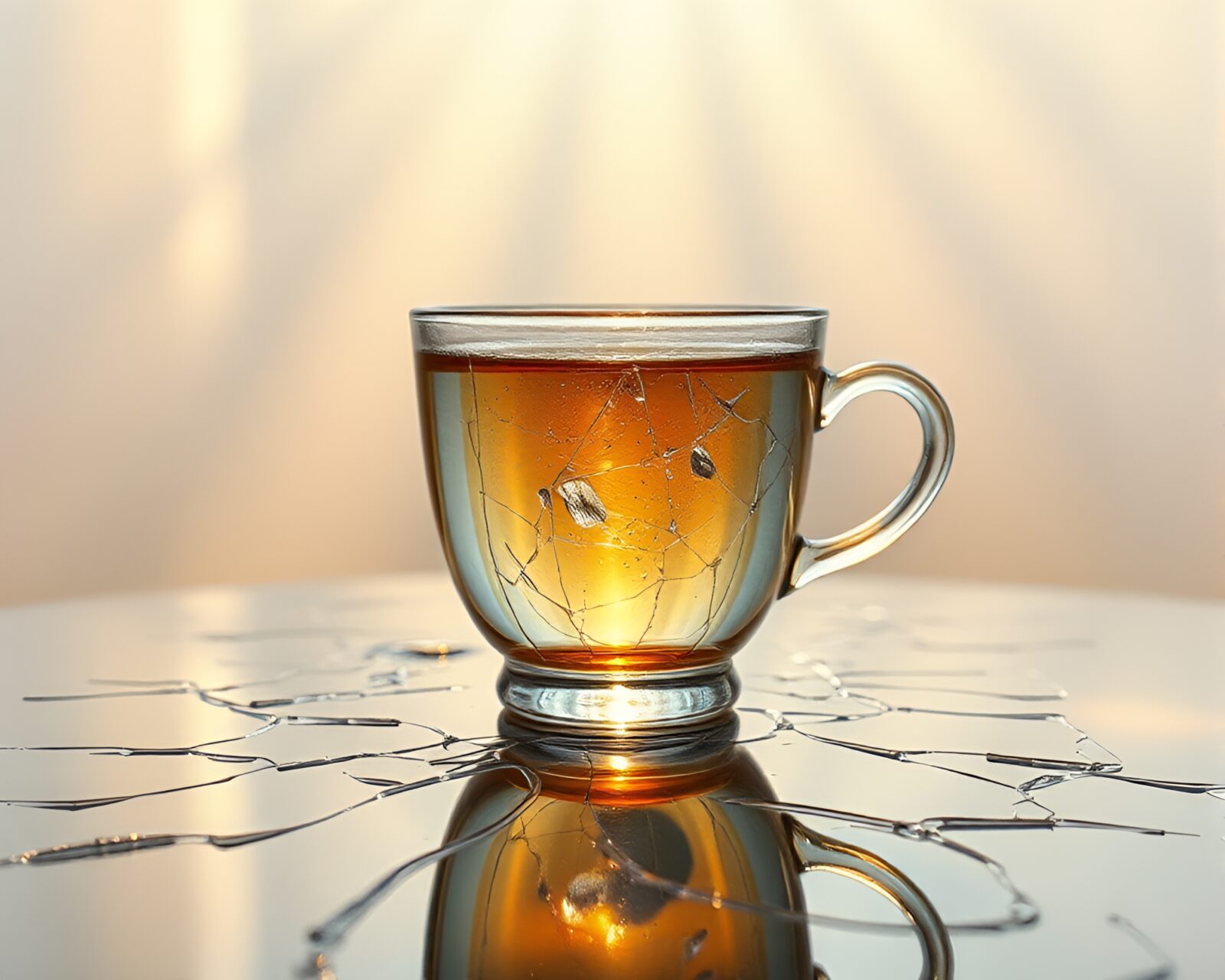 Floating tea cup reflected in broken glass with golden light