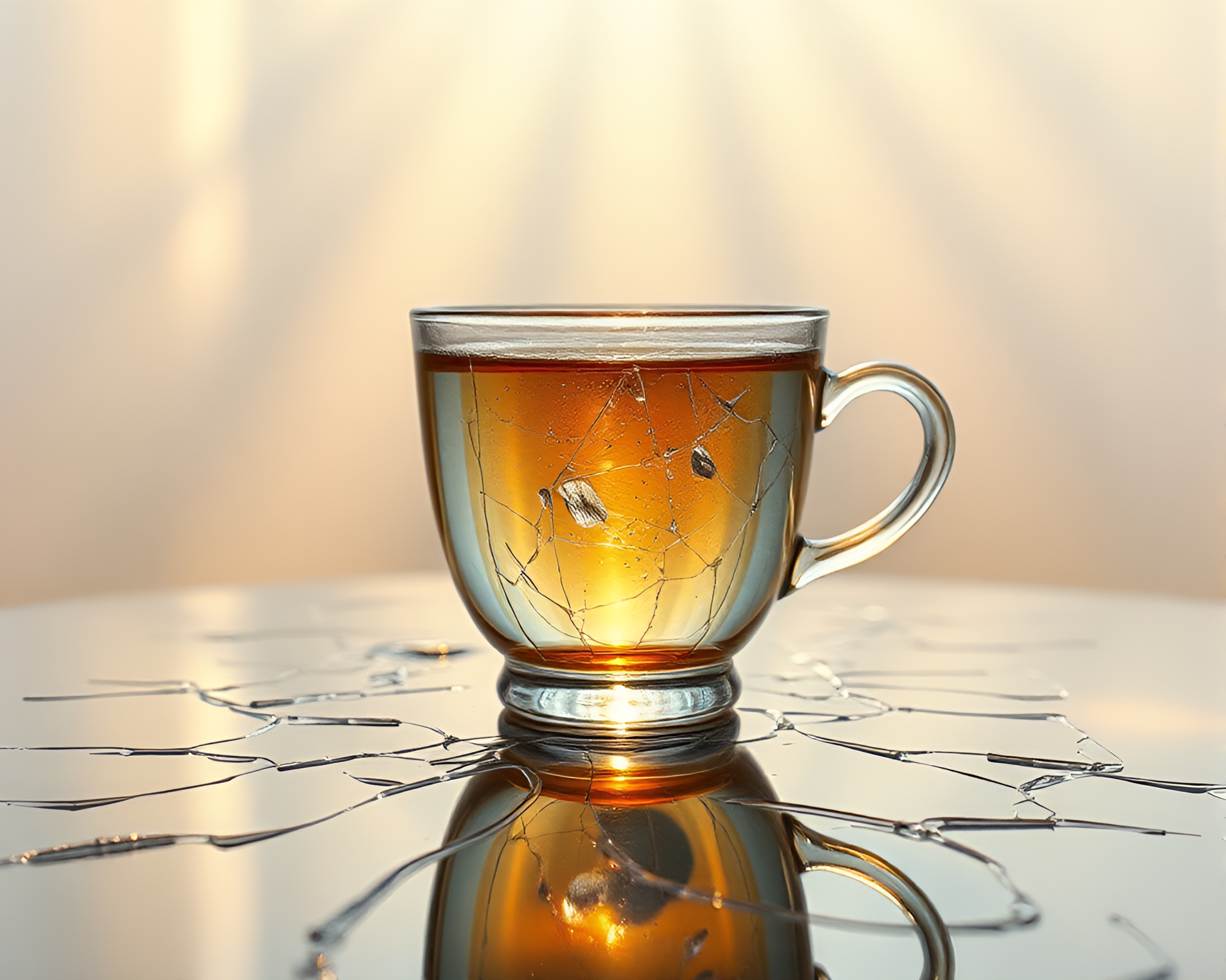 Broken Glass Tea Cup Reflection in God Rays – free AI stock image