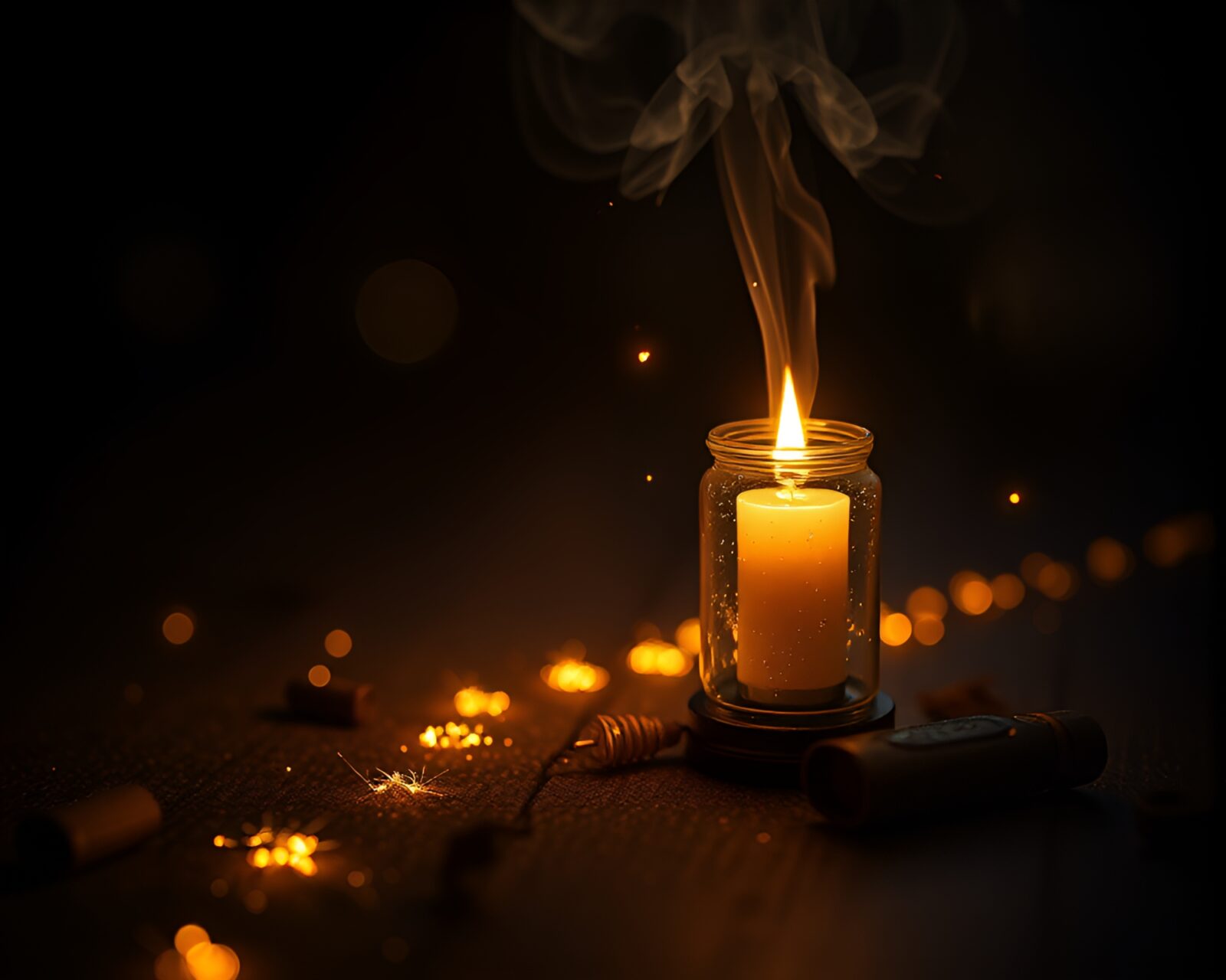 Glowing fairy light illuminating vintage pocket watch in smoke