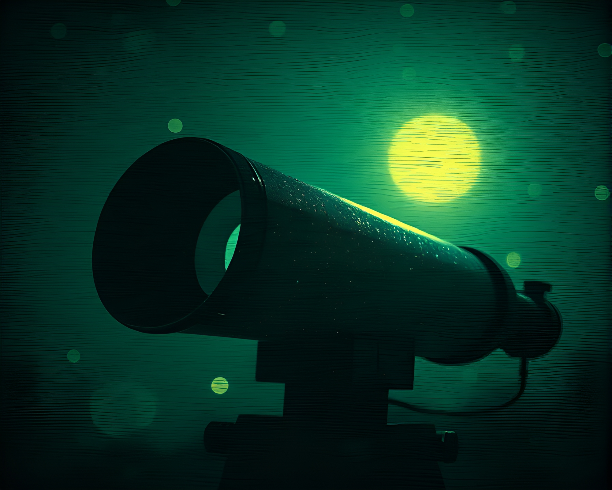 Vintage telescope with bioluminescent glow and crosshatch shading – free AI stock image