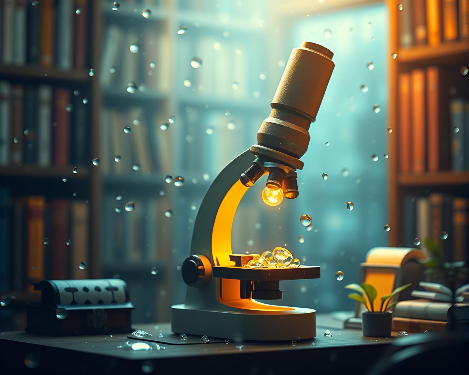 Voxel art of dew drops under library lamp light