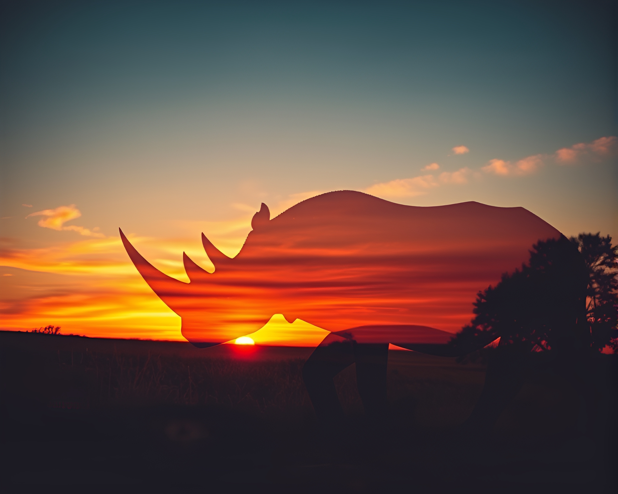 Stippled Rhinoceros Silhouette in Sunset Double Exposure – free AI stock image
