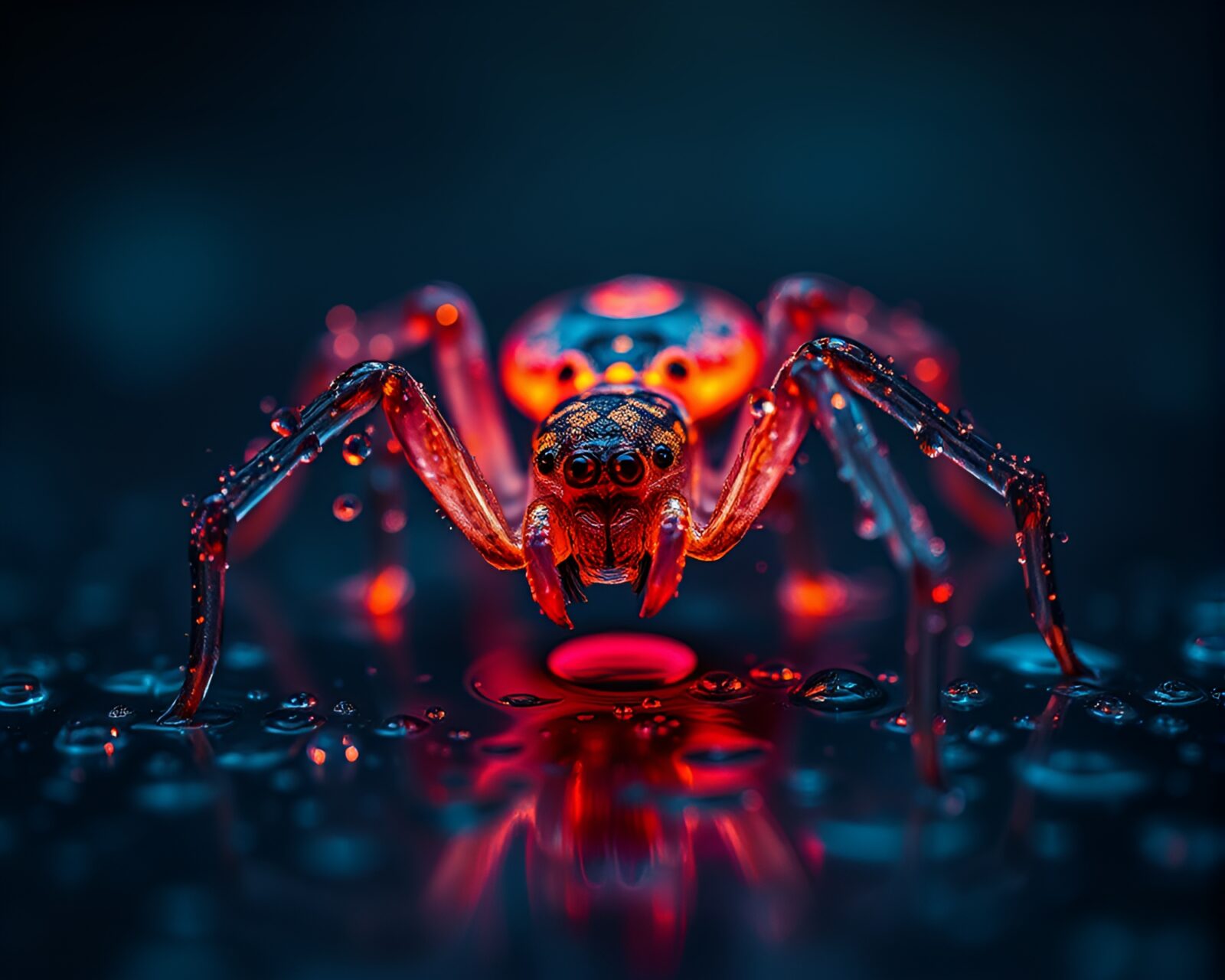 Glowing mechanical spider surrounded by shimmering water droplets