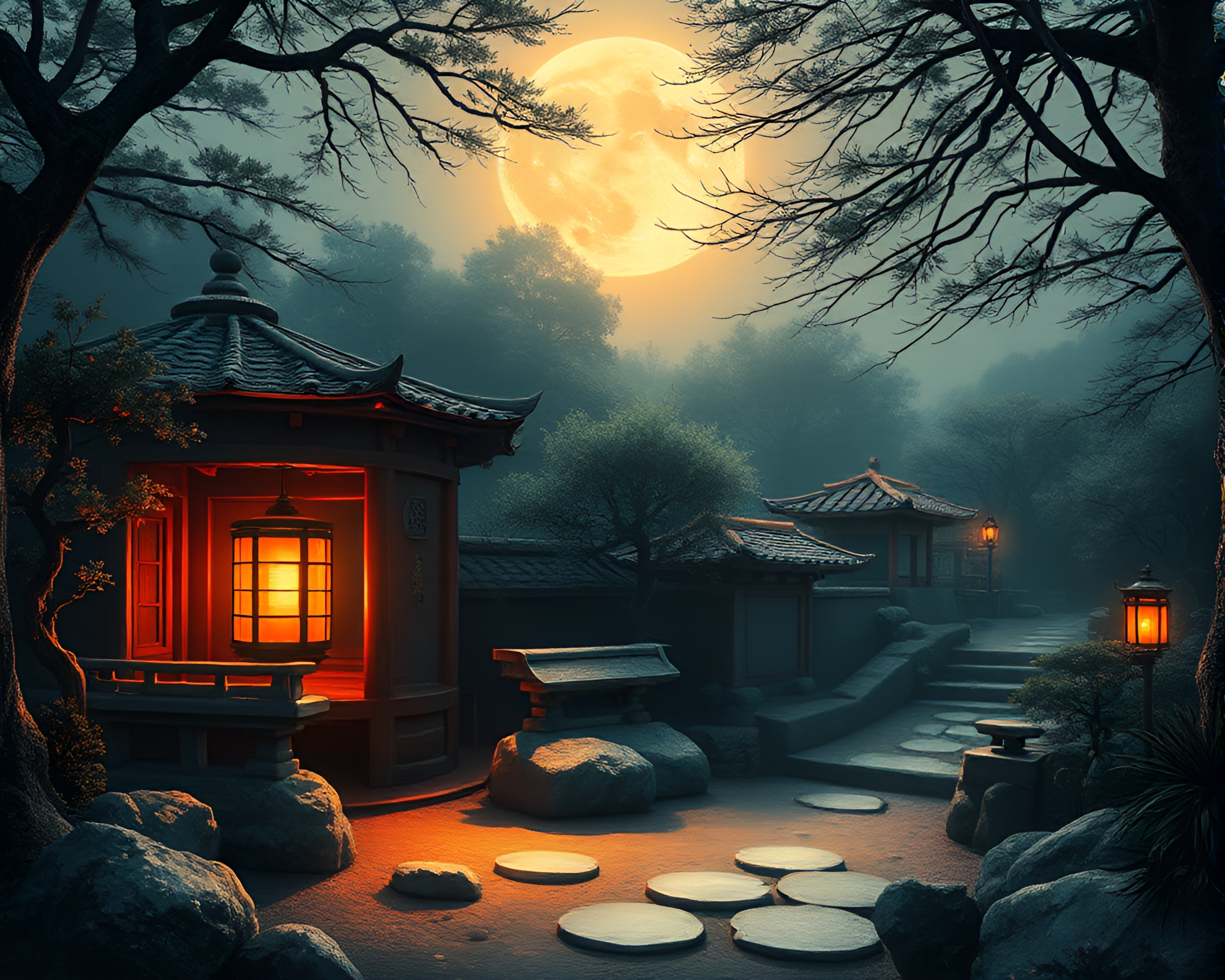 Hyper-Realistic Zen Garden Illuminated by Torchlight Shadows – free AI stock image