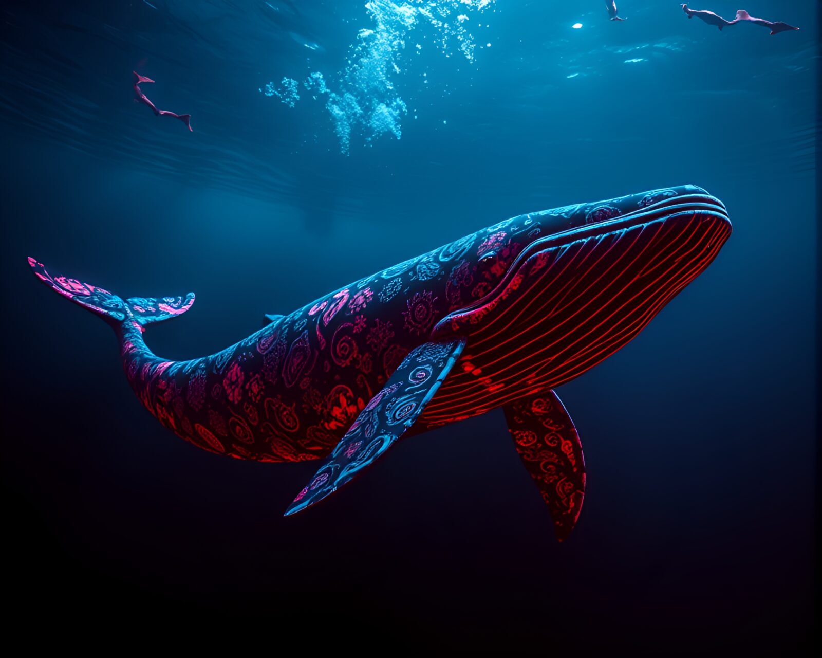 Whale silhouette surrounded by intricate red-blue patterns under softbox lighting