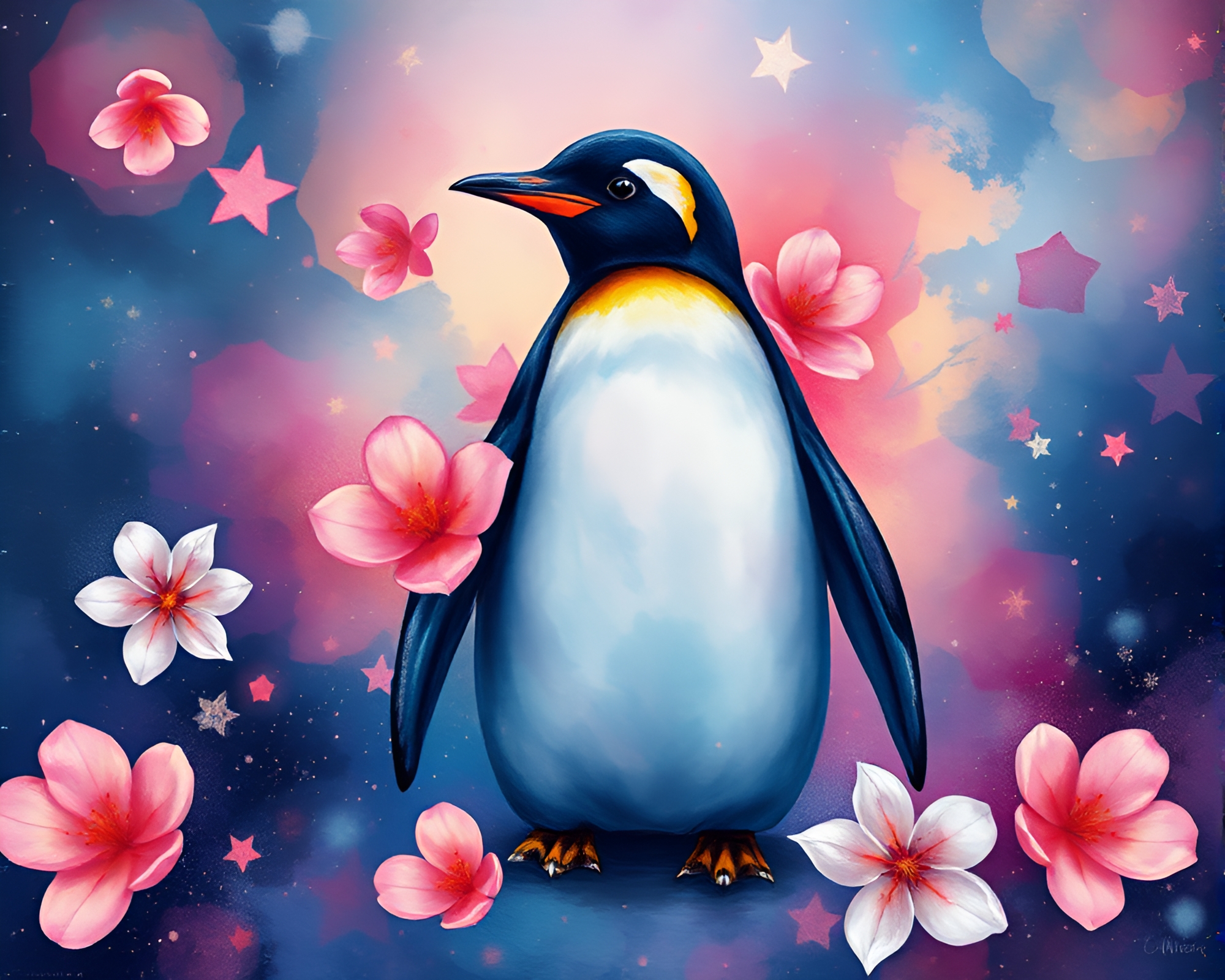 Cyberpunk Penguin in Cosmic Watercolor Nebula – free AI stock image