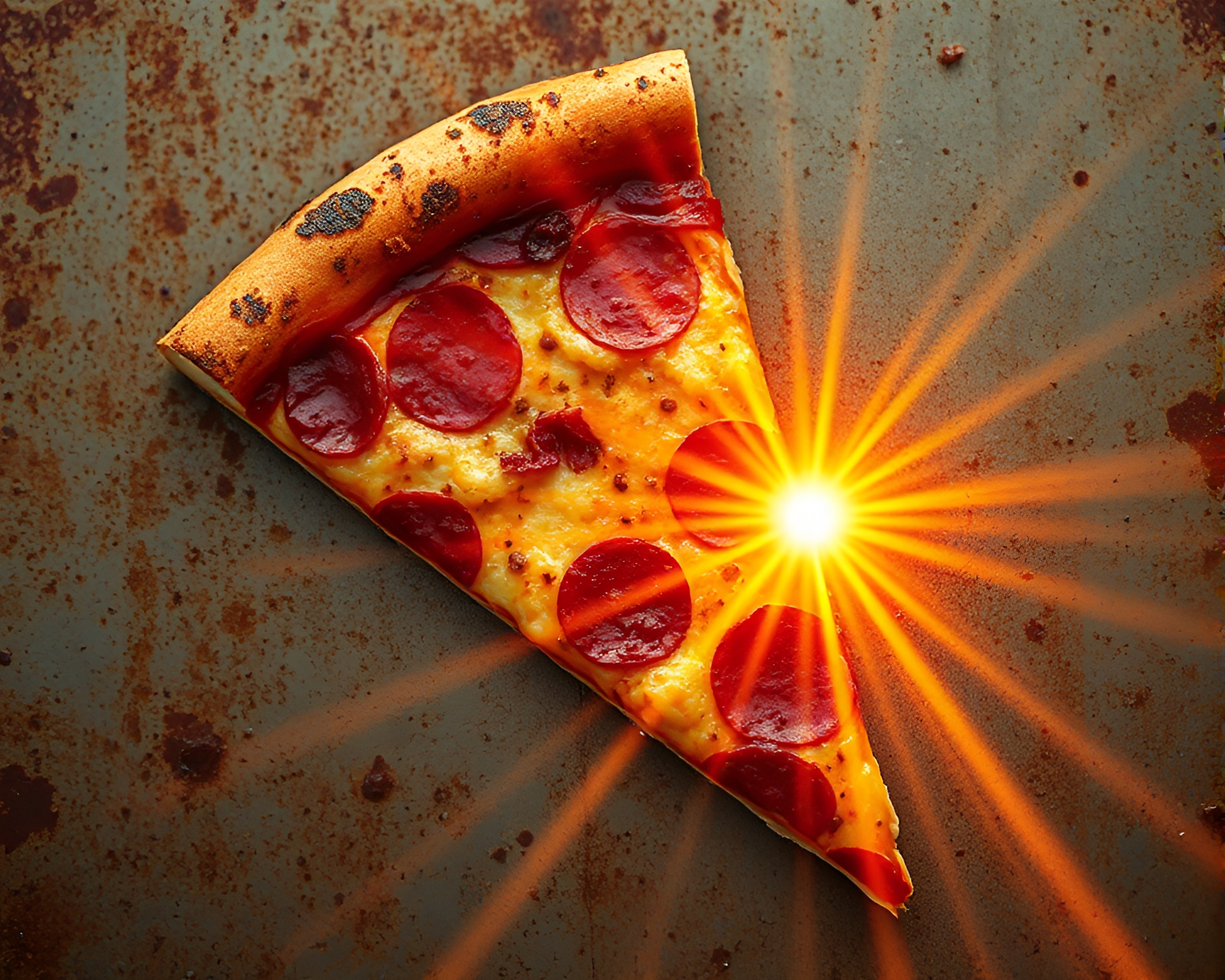 Rustic Pizza Slice with Bursting Lens Flare Glow – free AI stock image