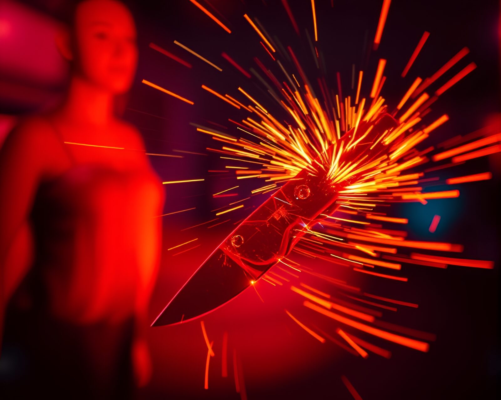 Vibrant neon colors illuminate a rusty pocketknife in motion.