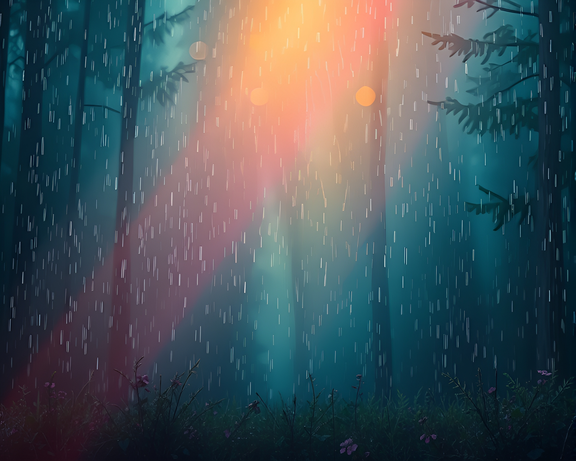 Enchanted Forest Rain Droplets Illuminated by Torchlight Glow – free AI stock image