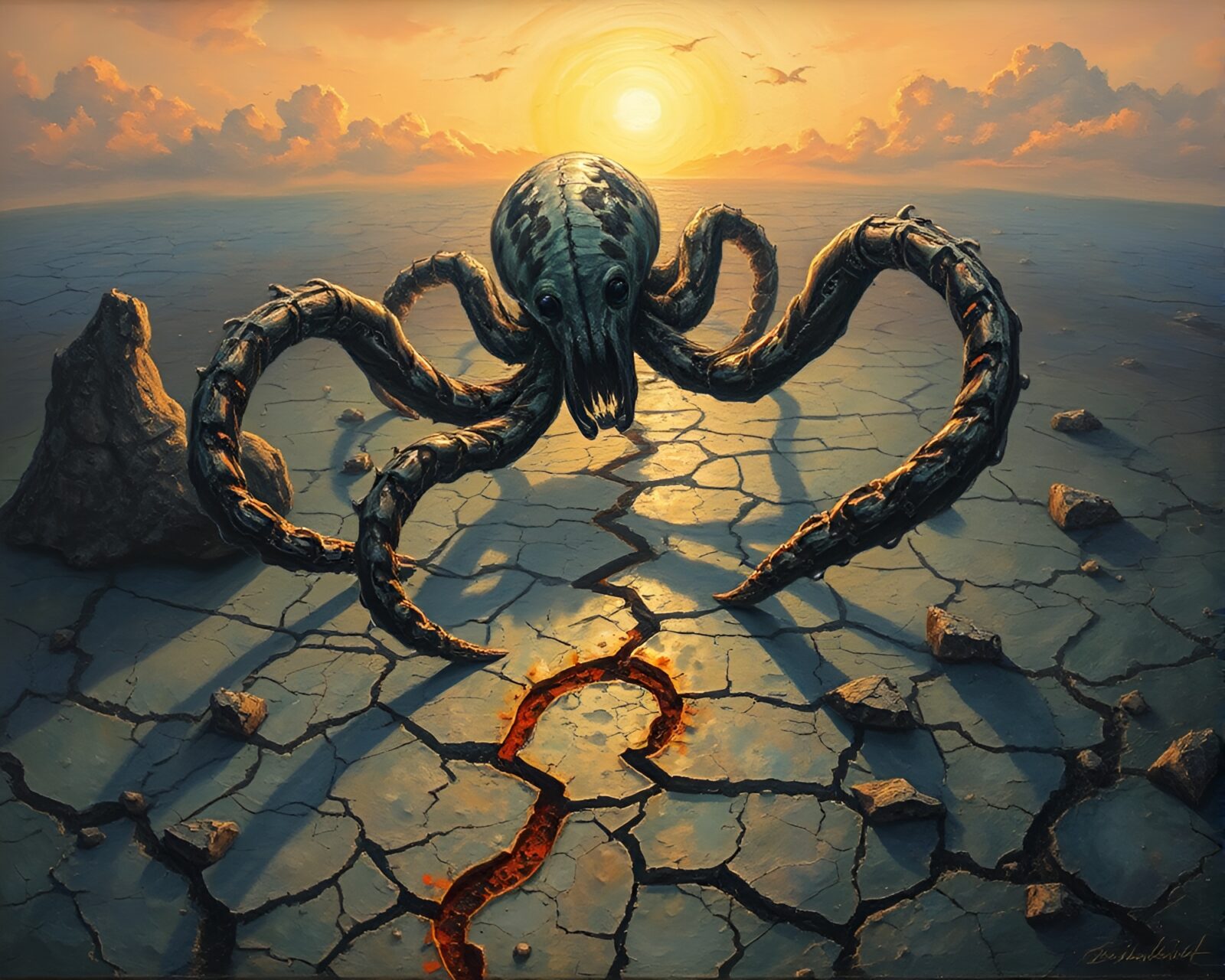 Fresco painting of a majestic Kraken rising from cracked earth at dawn