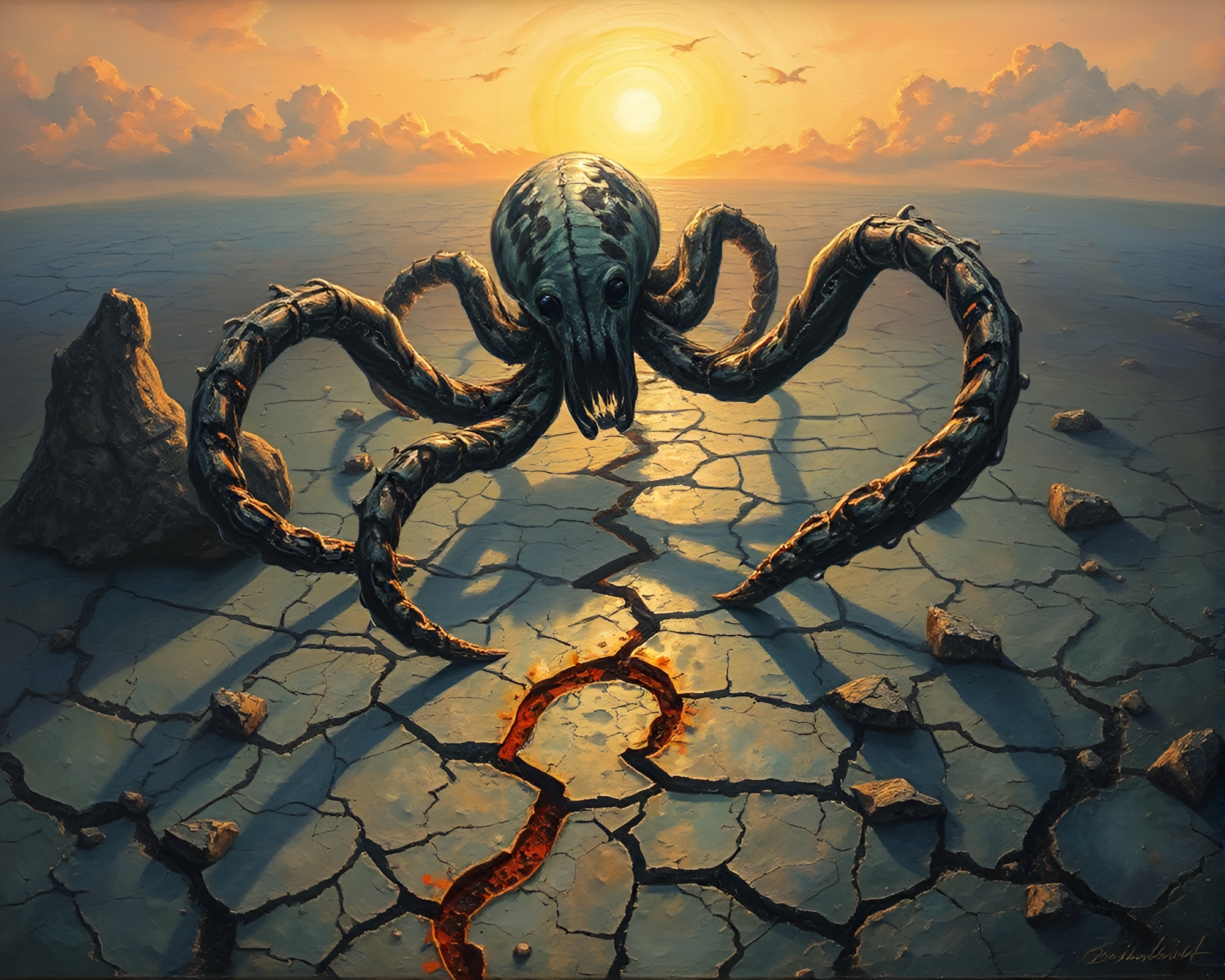 Ancient Kraken Awakens on Cracked Earth Fresco – free AI stock image