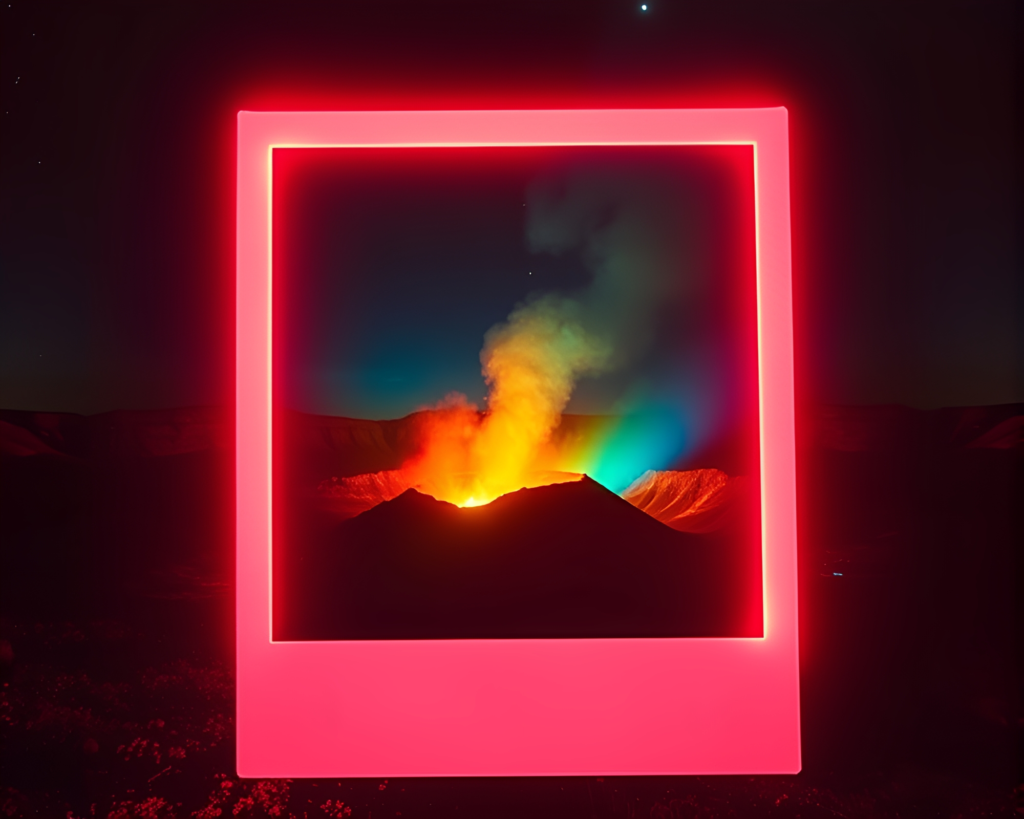 Neon Volcano Crater Polaroid Scene – free AI stock image