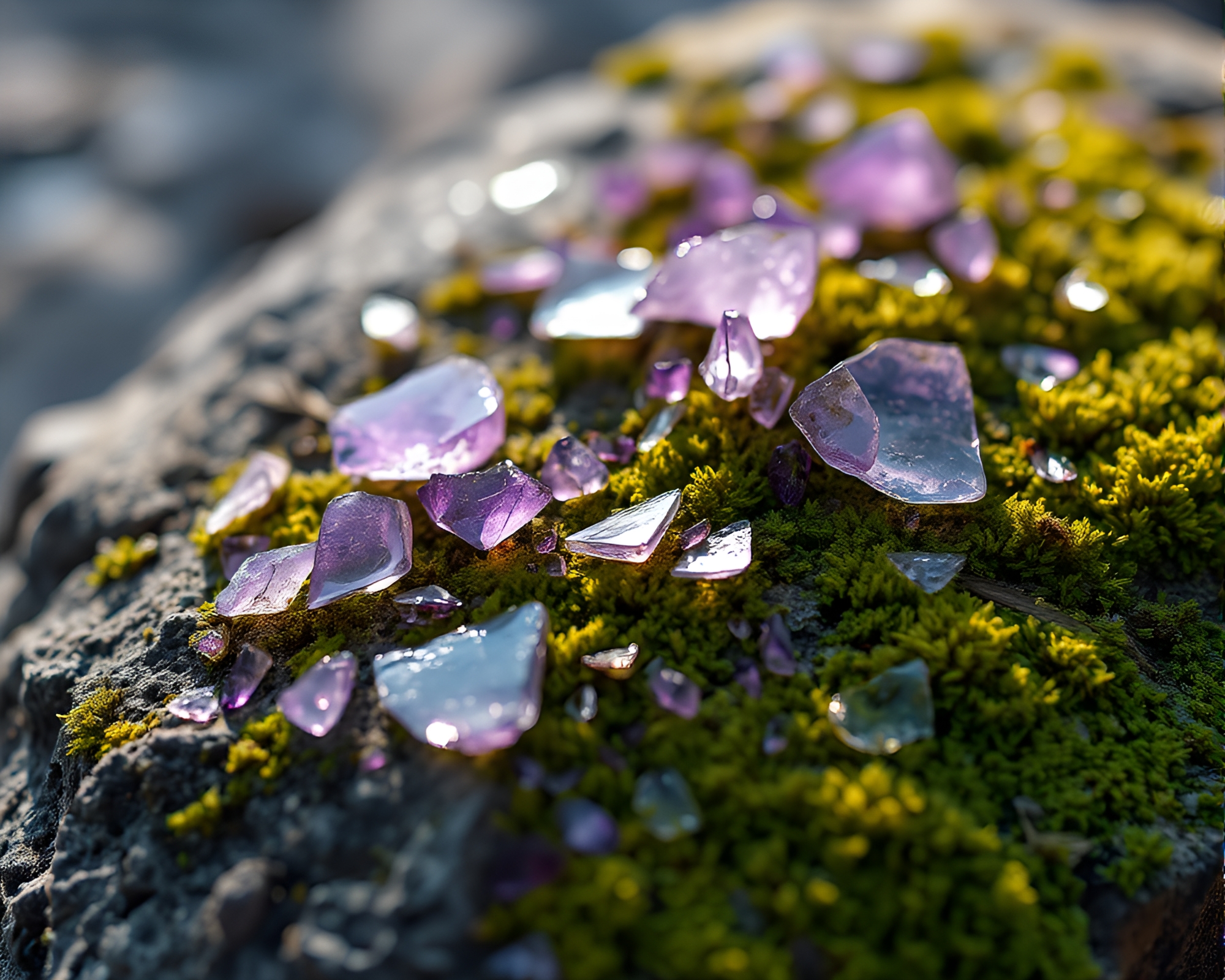 Moss-Covered Rock Reflecting Amethyst Glass Shards – free AI stock image