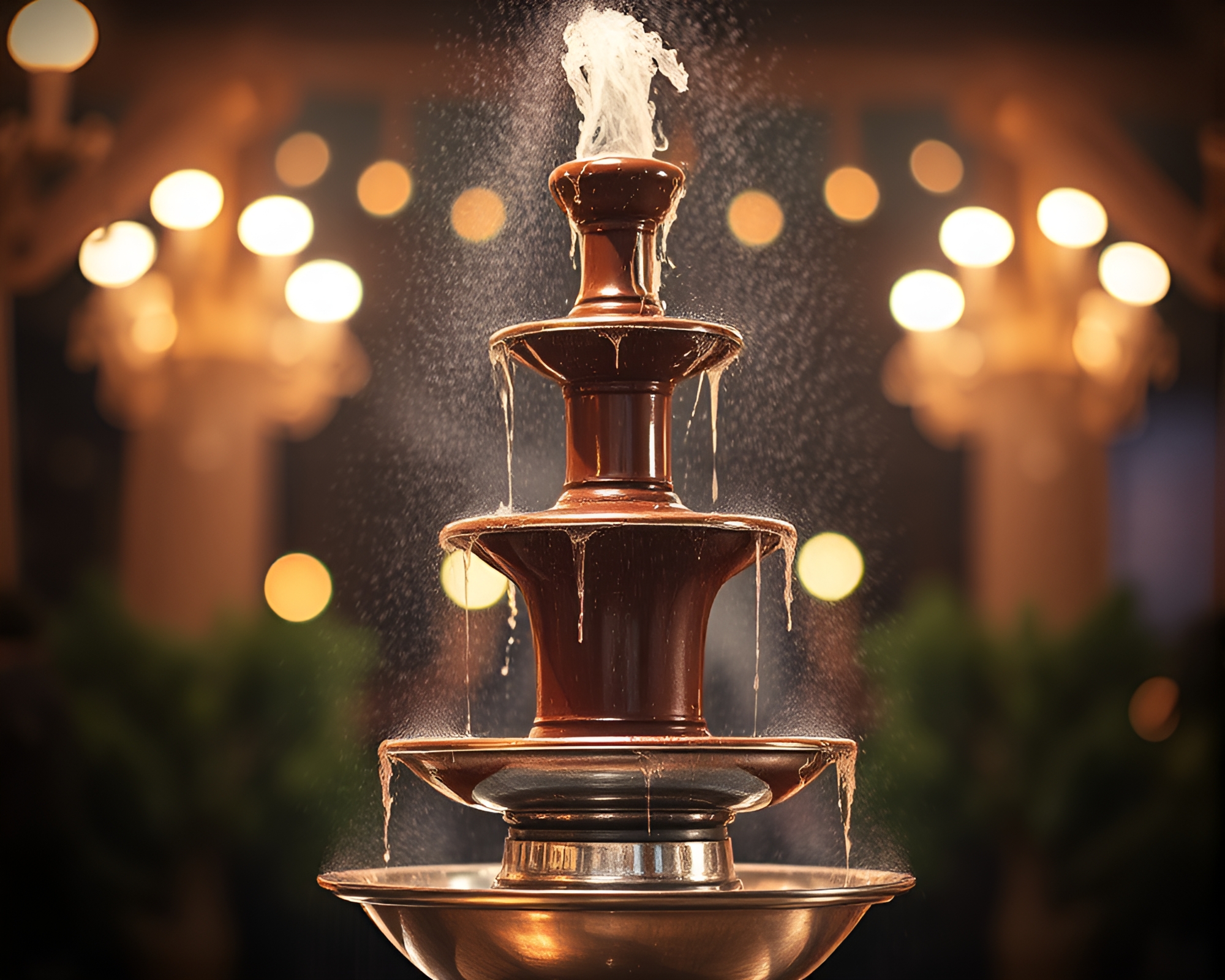 Decadent Chocolate Fountain in Mysterious Low Light Setting – free AI stock image