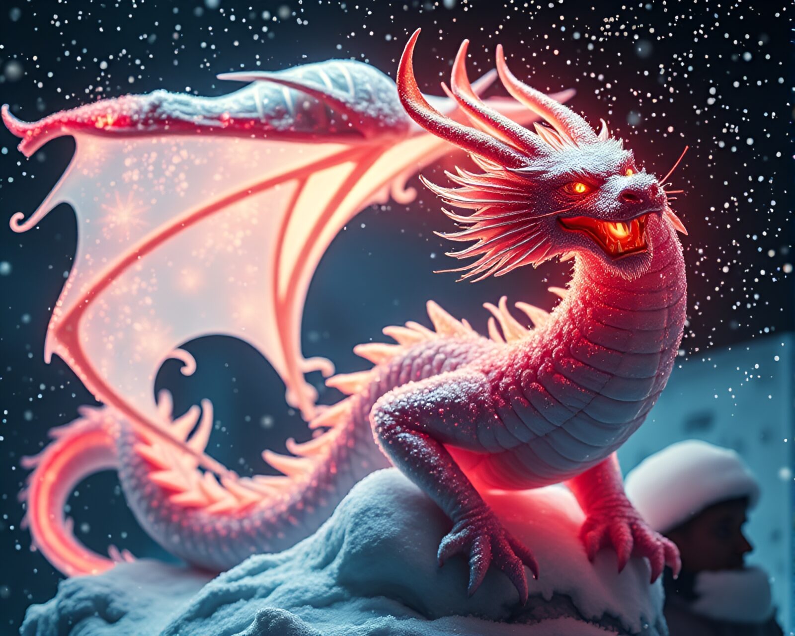 Majestic dragon under moonlight in snowy noir setting