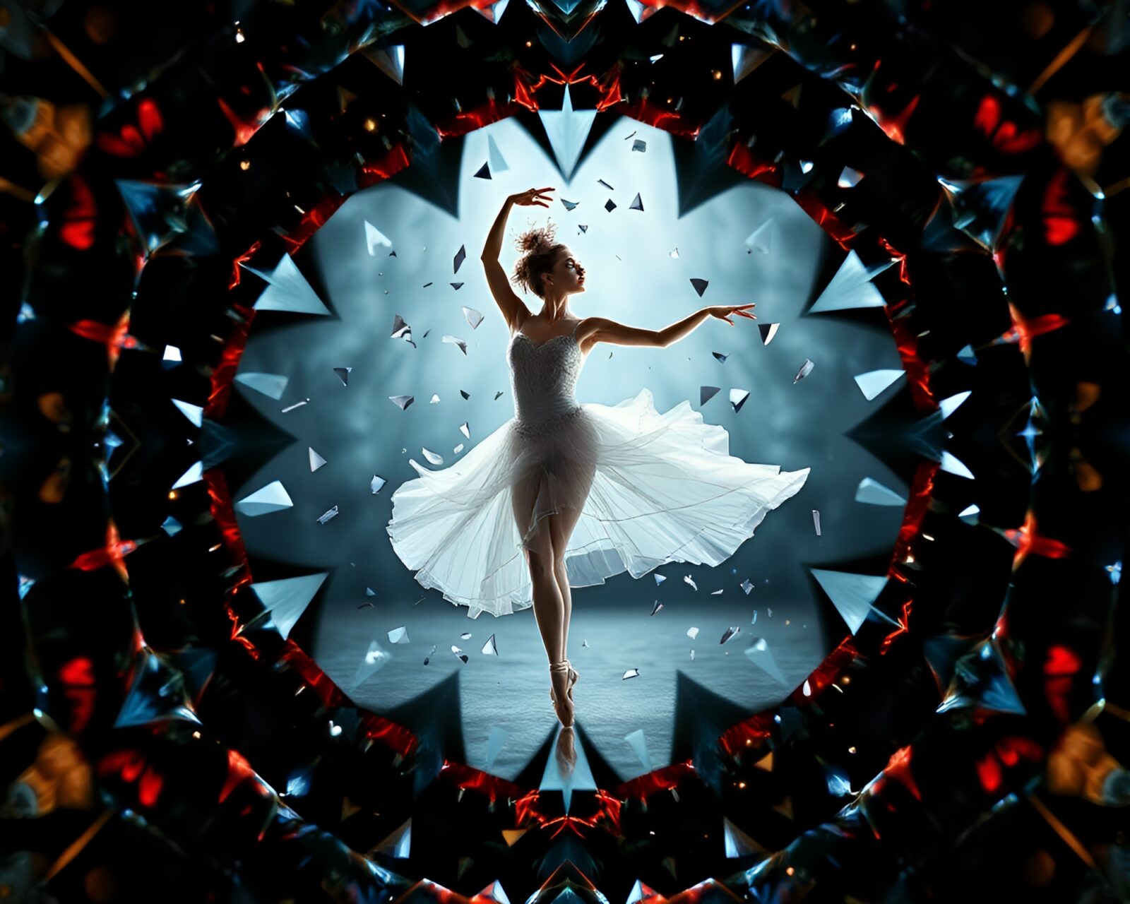 Vibrant ballet dancer surrounded by kaleidoscopic crystal vignettes
