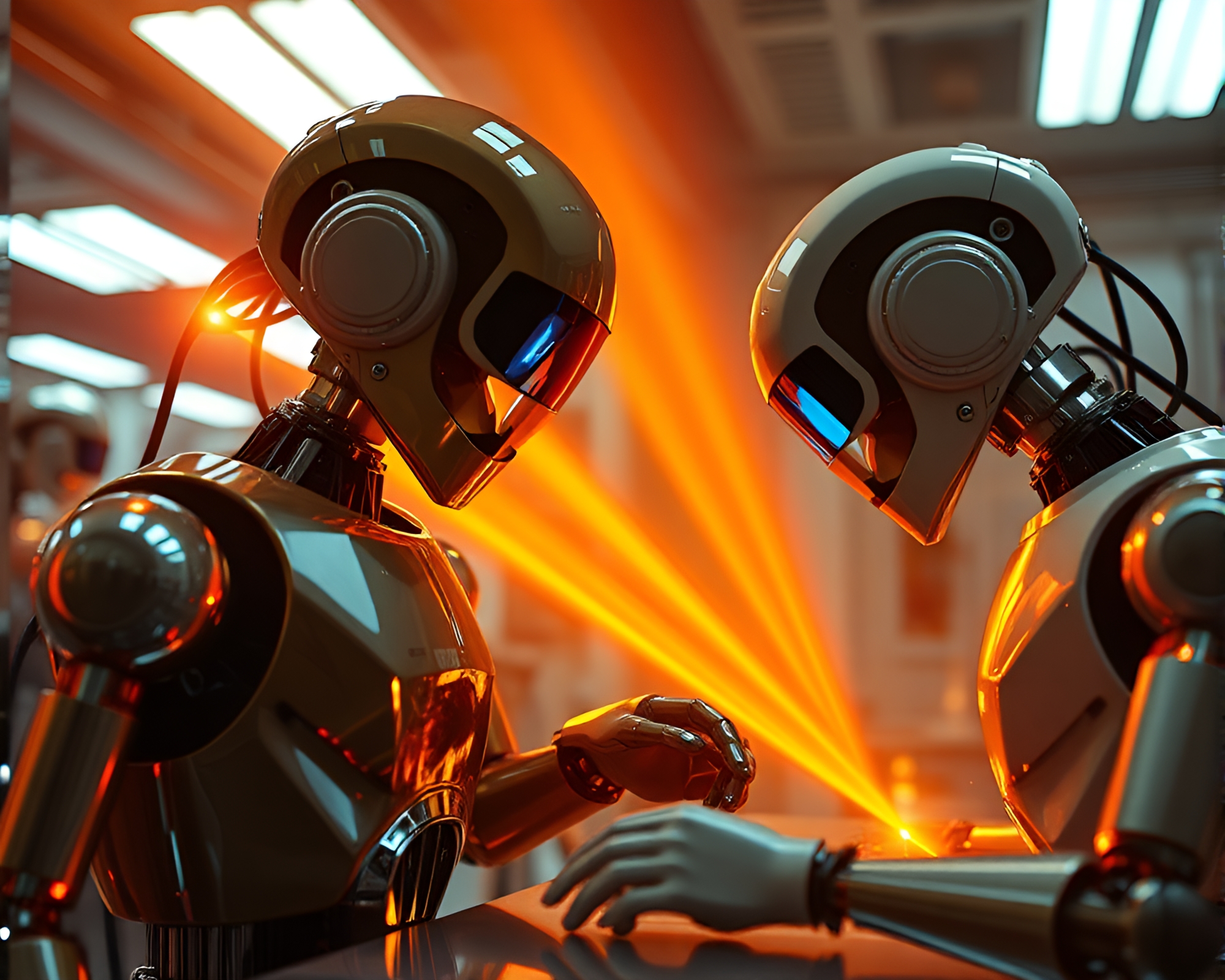 Futuristic Robotics Lab with Striking Laser Beams – free AI stock image