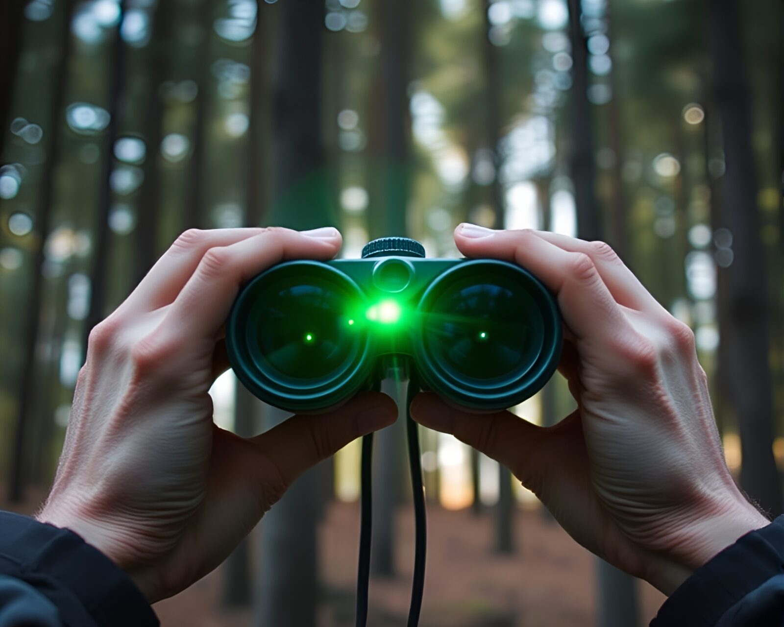 Enchanted green forest seen through pixelated binoculars with lens flare