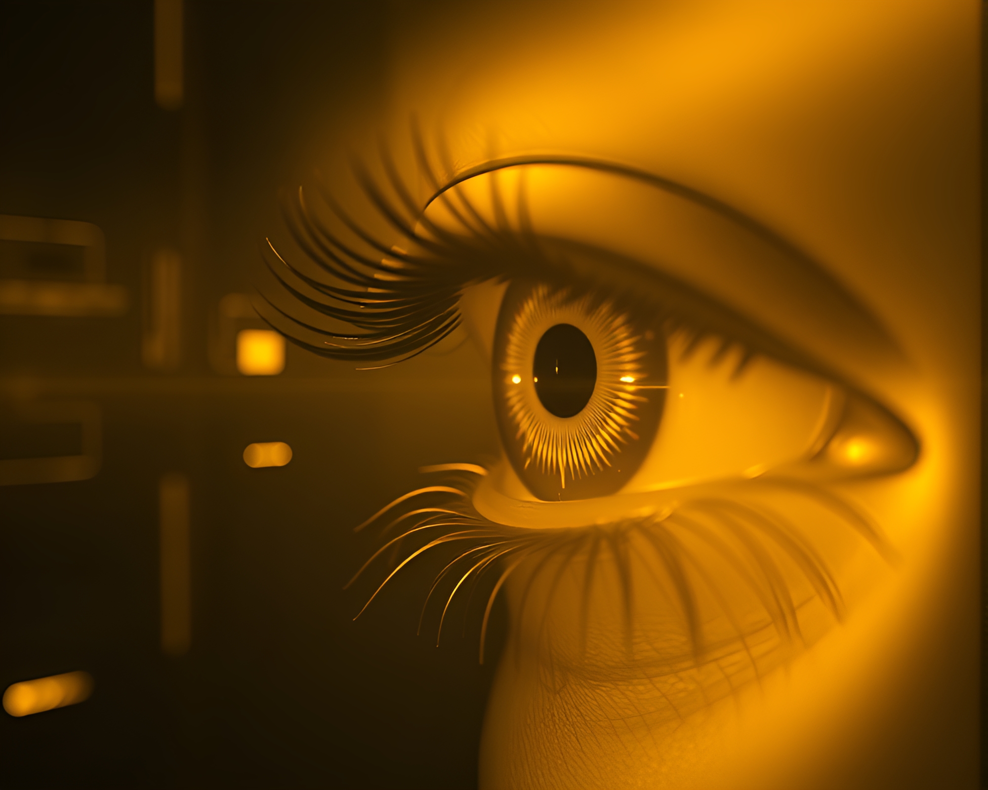 Cybernetic Eye in Negative Space with Monochrome Yellow Lighting – free AI stock image