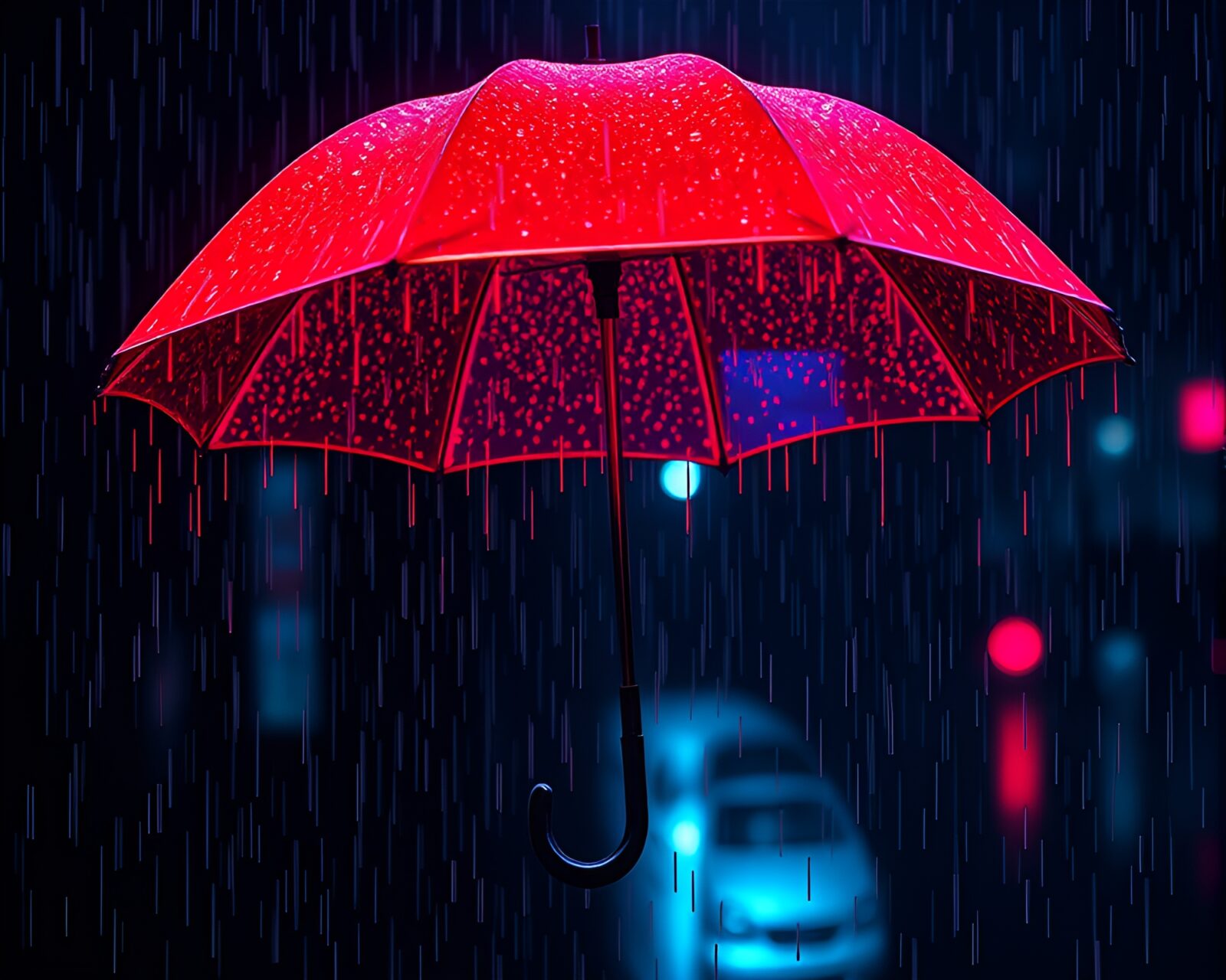 Vibrant red-blue umbrella under pixelated neon rain