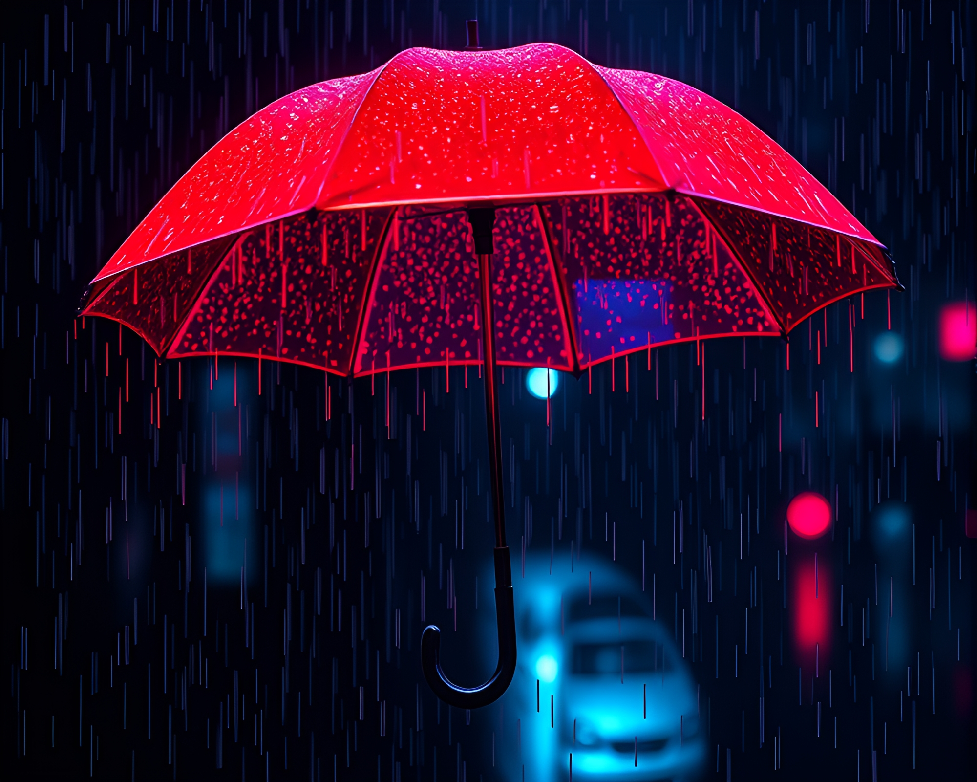 Neon-Lit Umbrella in 8-Bit Rain Droplets – free AI stock image