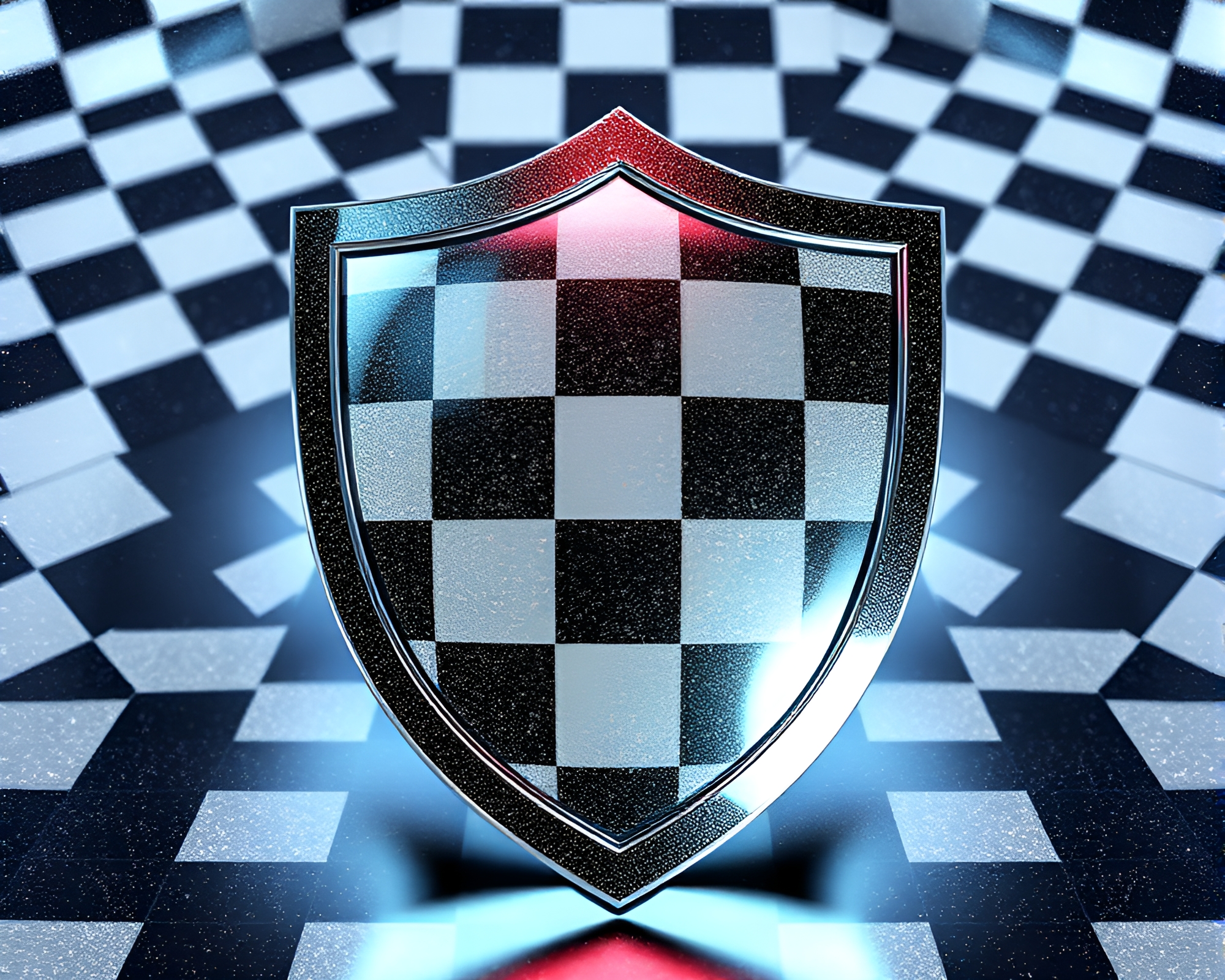 Shield of Stardust in 3D Checkered Space – free AI stock image