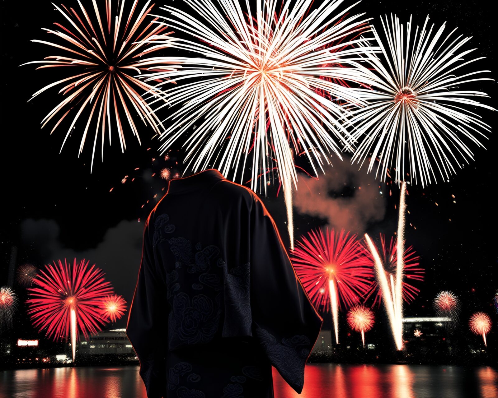 High-contrast noir manga art of fireworks in silk kimono