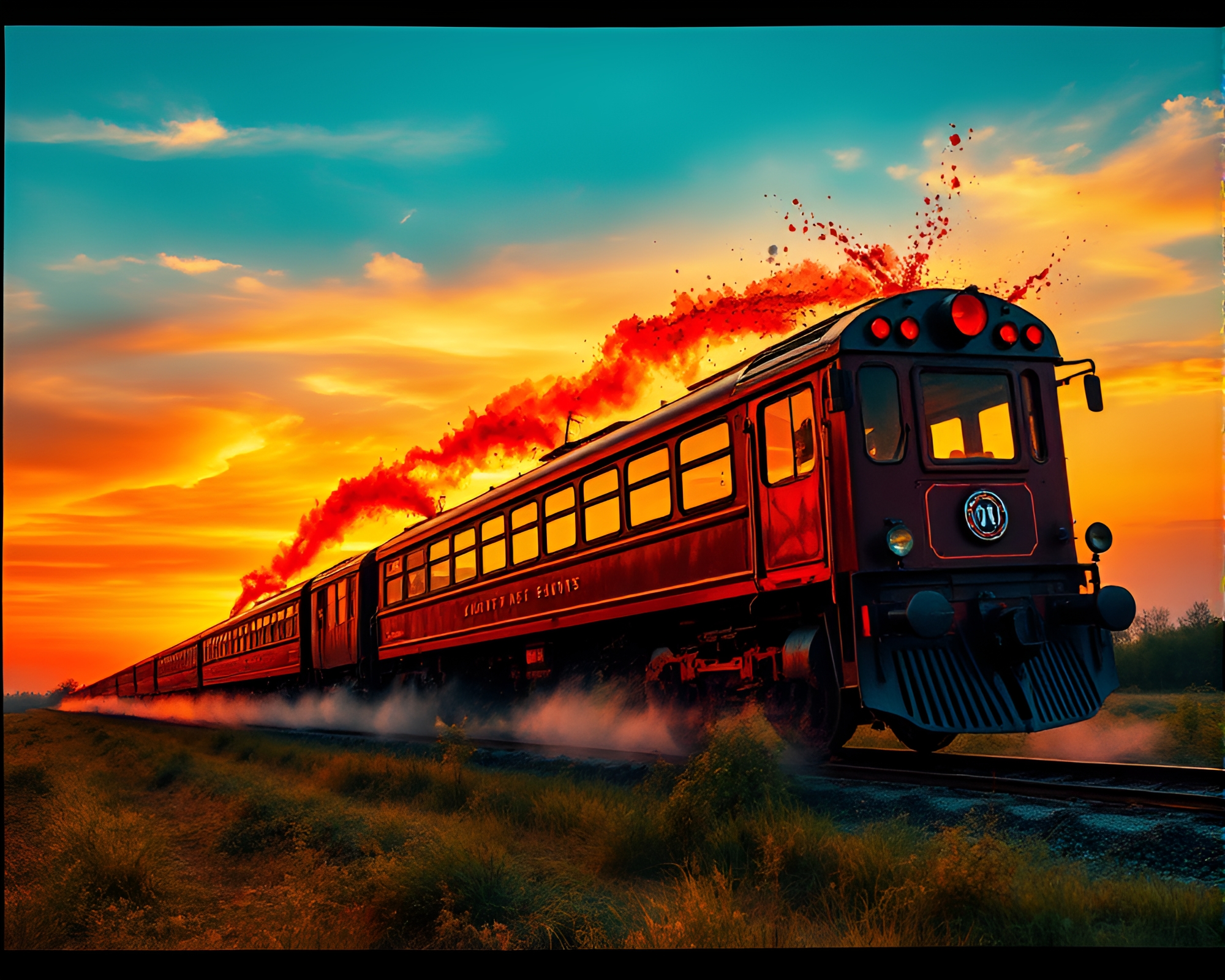 Ink Splashes Magnetize Levitation Train at Sunset – free AI stock image