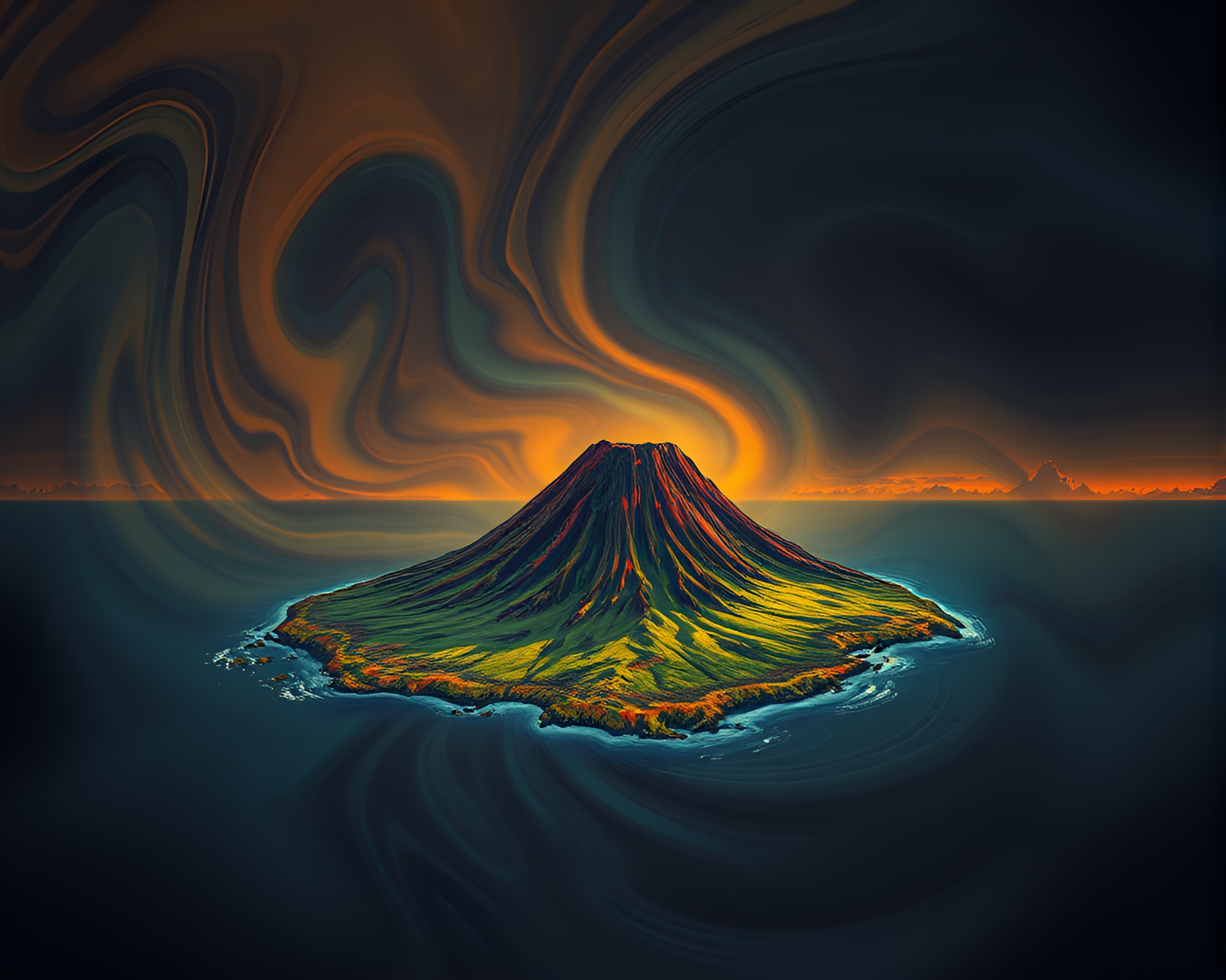 Swirling Lens Distortion on Volcanic Island – free AI stock image