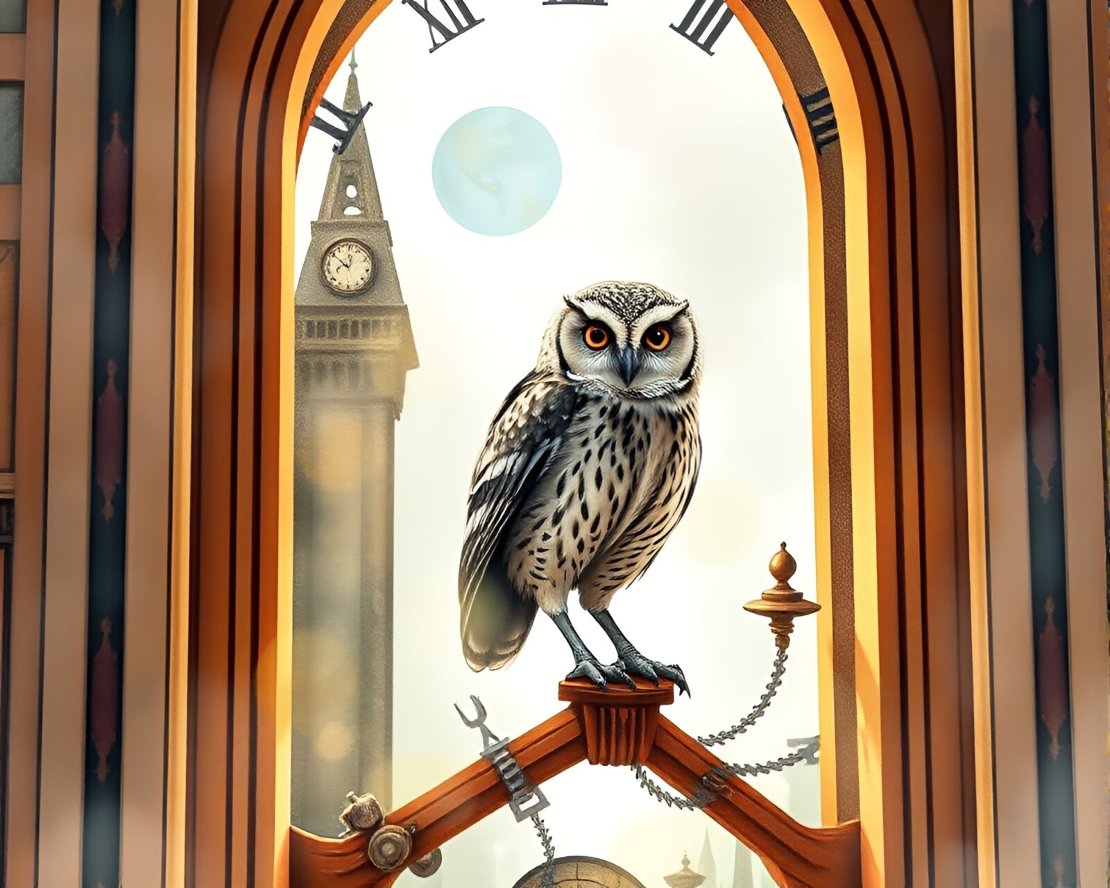 Detailed watercolor painting of clockwork owl in intricate structure