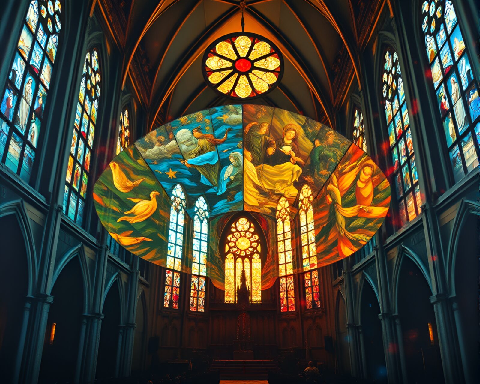 Oil on canvas with hand-painted fan in stained light