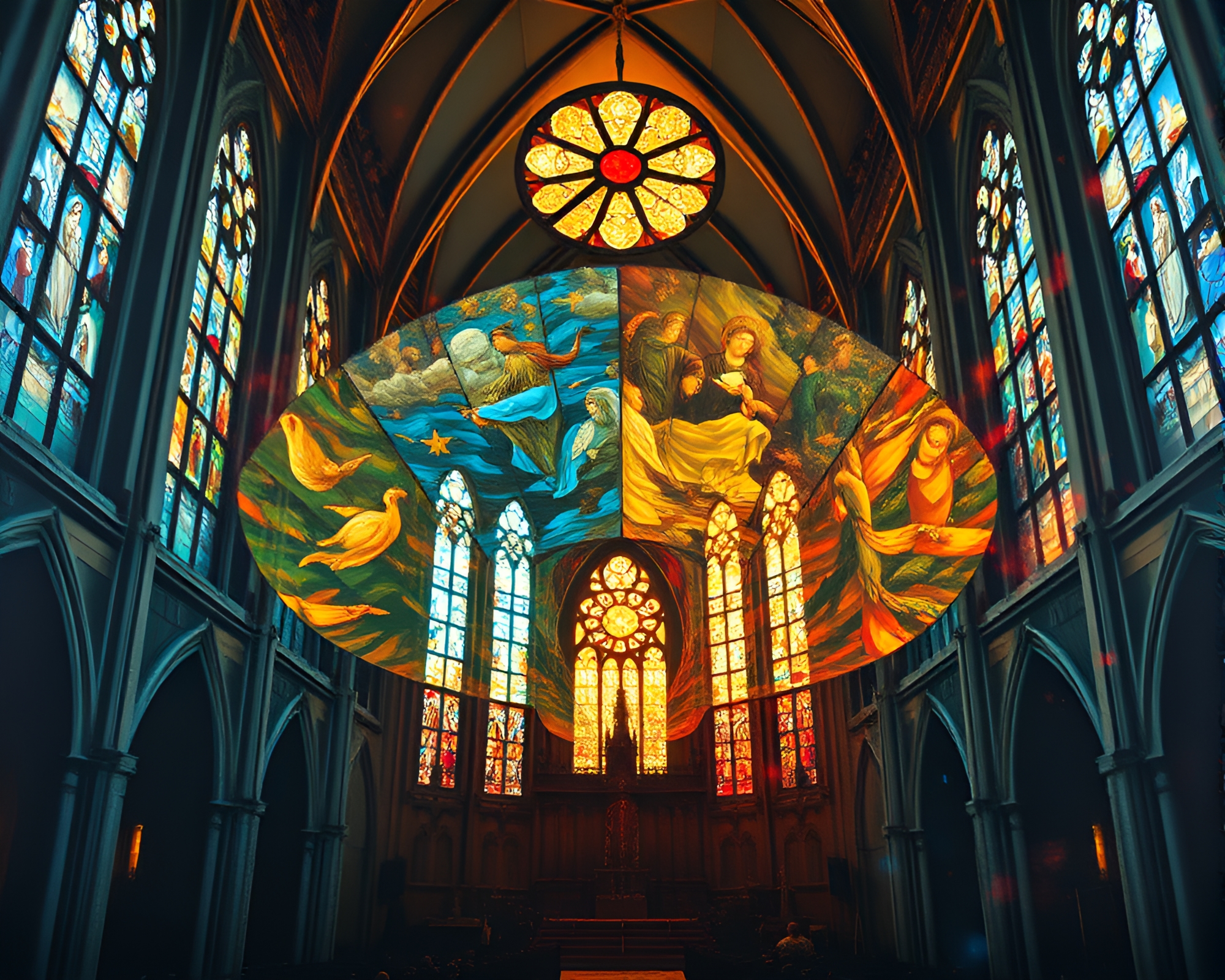 Surreal Double Exposure: Hand-Painted Fan in Cathedral Light – free AI stock image