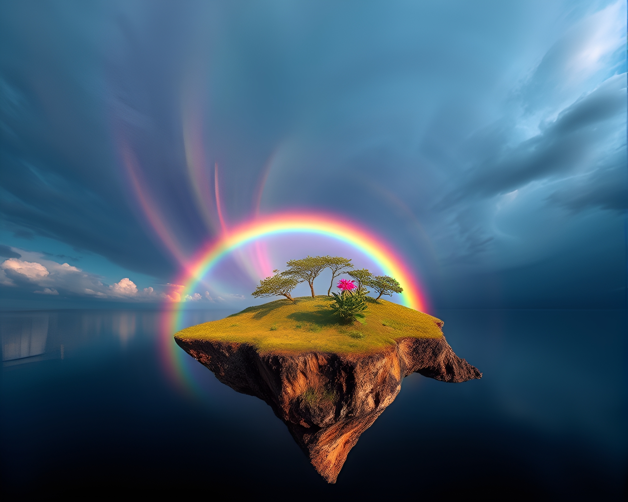 Surreal Lens Distortion Swirl on Rainbow Floating Island – free AI stock image