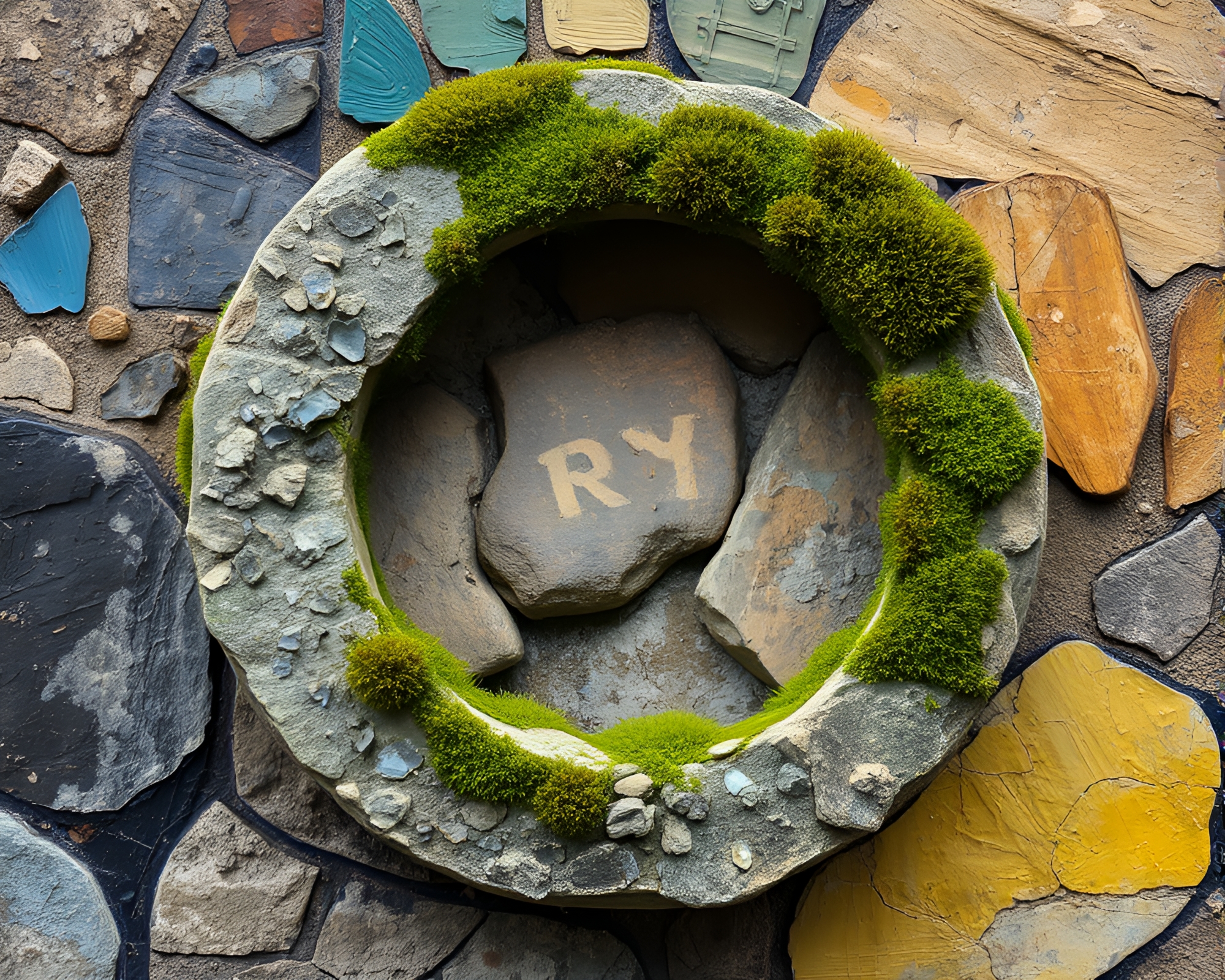 Mystical Moss-Covered Rock in Glitch Fresco Frame – free AI stock image