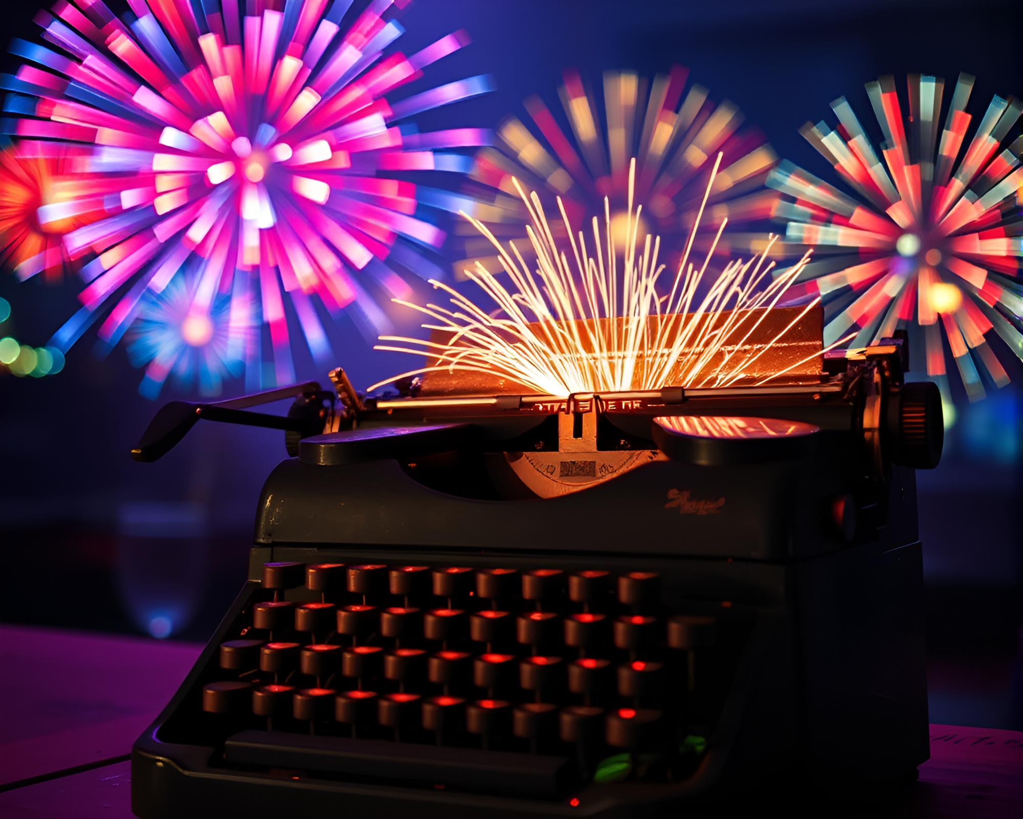 Antique Typewriter Illuminated by Glitch Fireworks at Blue Hour – free AI stock image