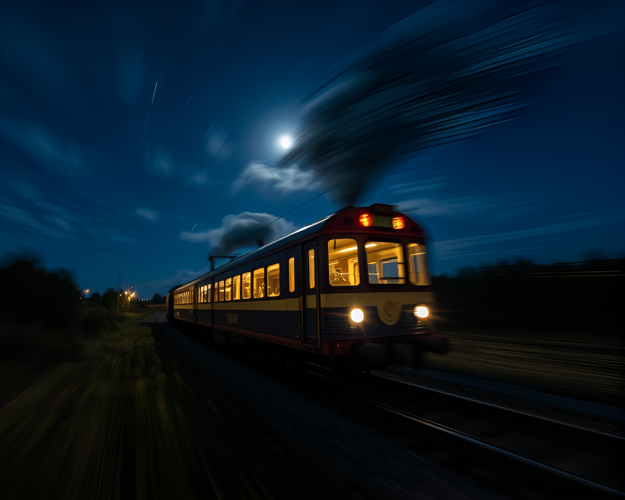 Moonlit Night Train Swirling Vortex Tilt-Shift – free AI stock image